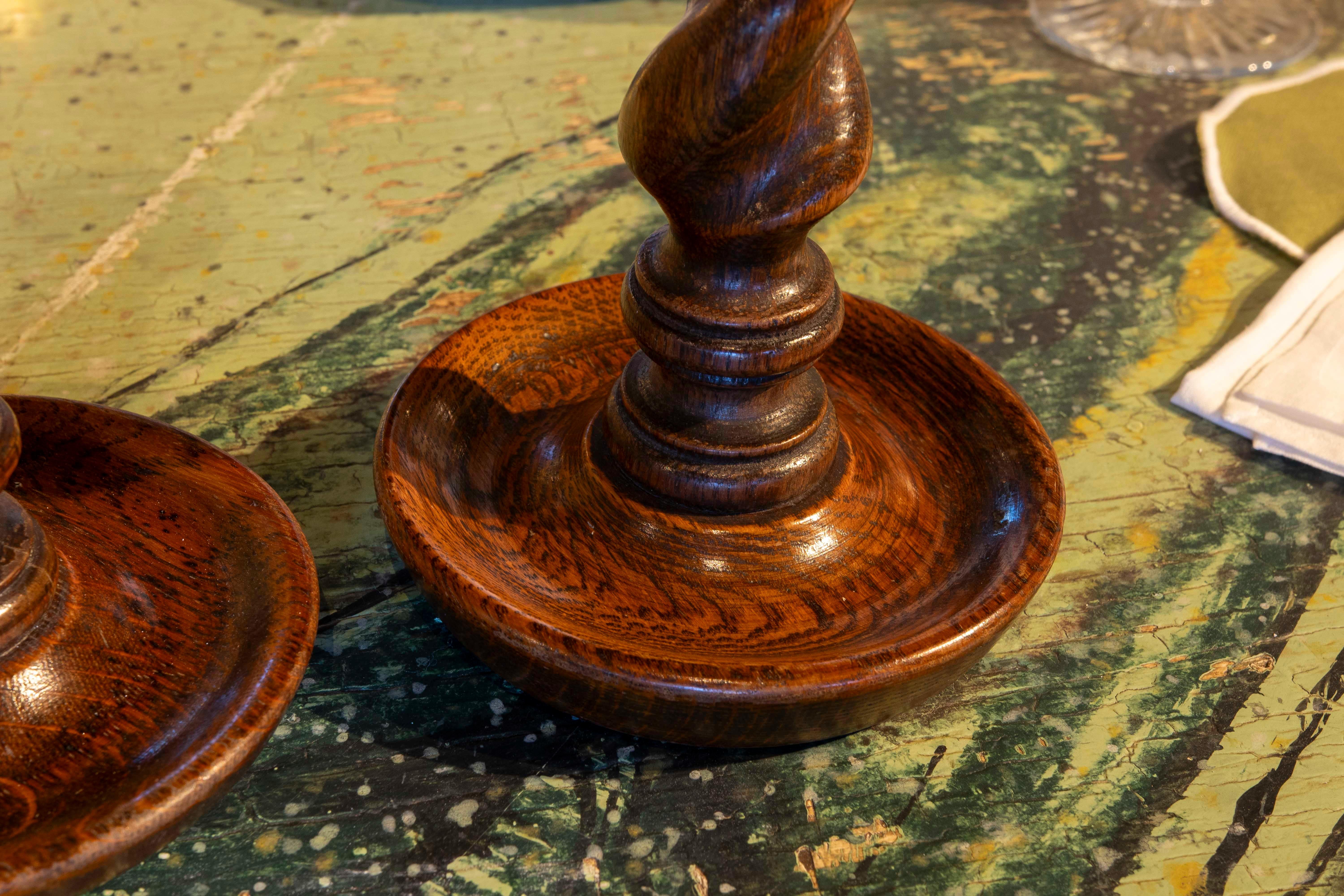 Pair of Turned Wooden Candlesticks with Bronze Tops 7