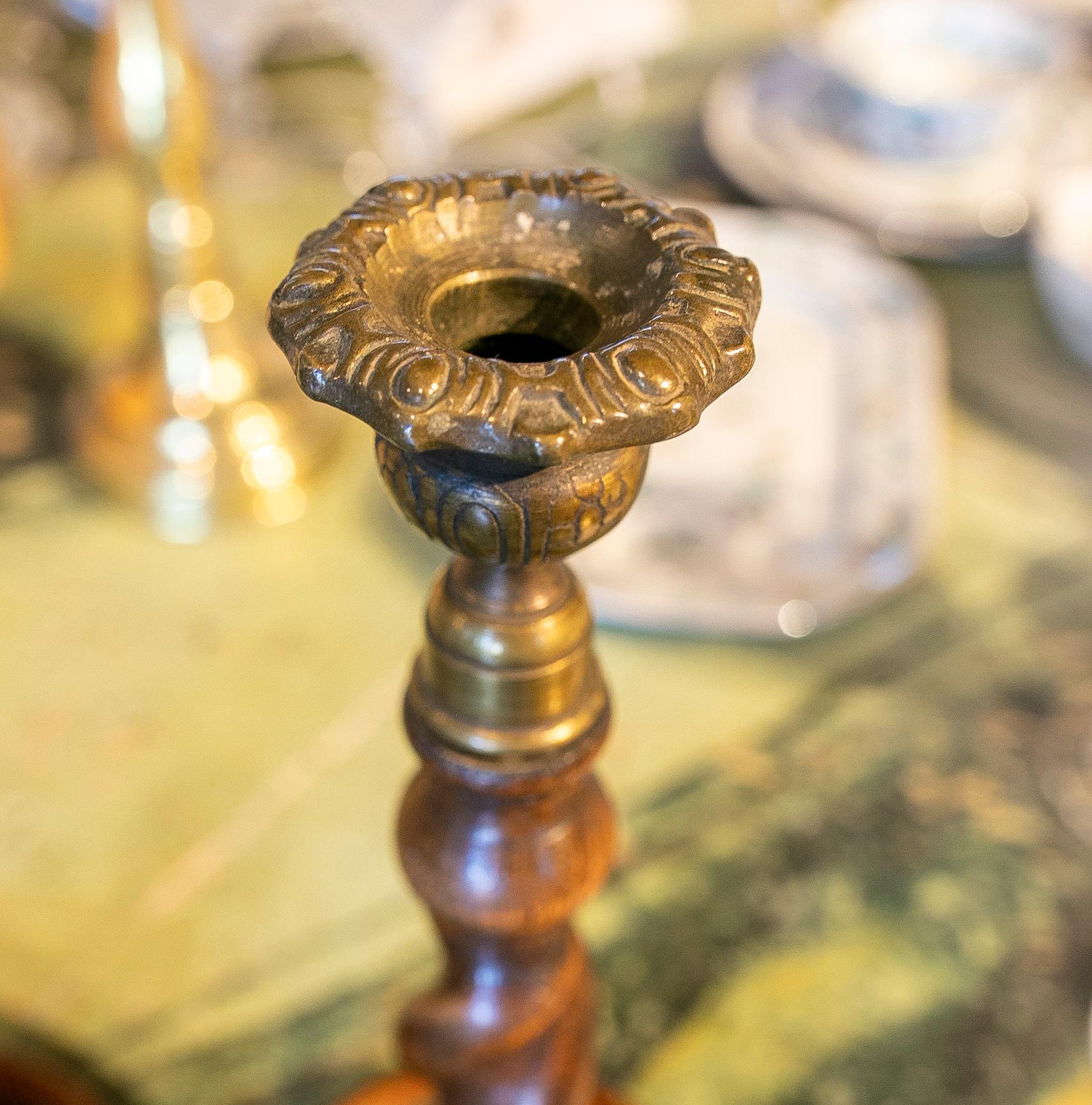 Pair of Turned Wooden Candlesticks with Bronze Tops 8