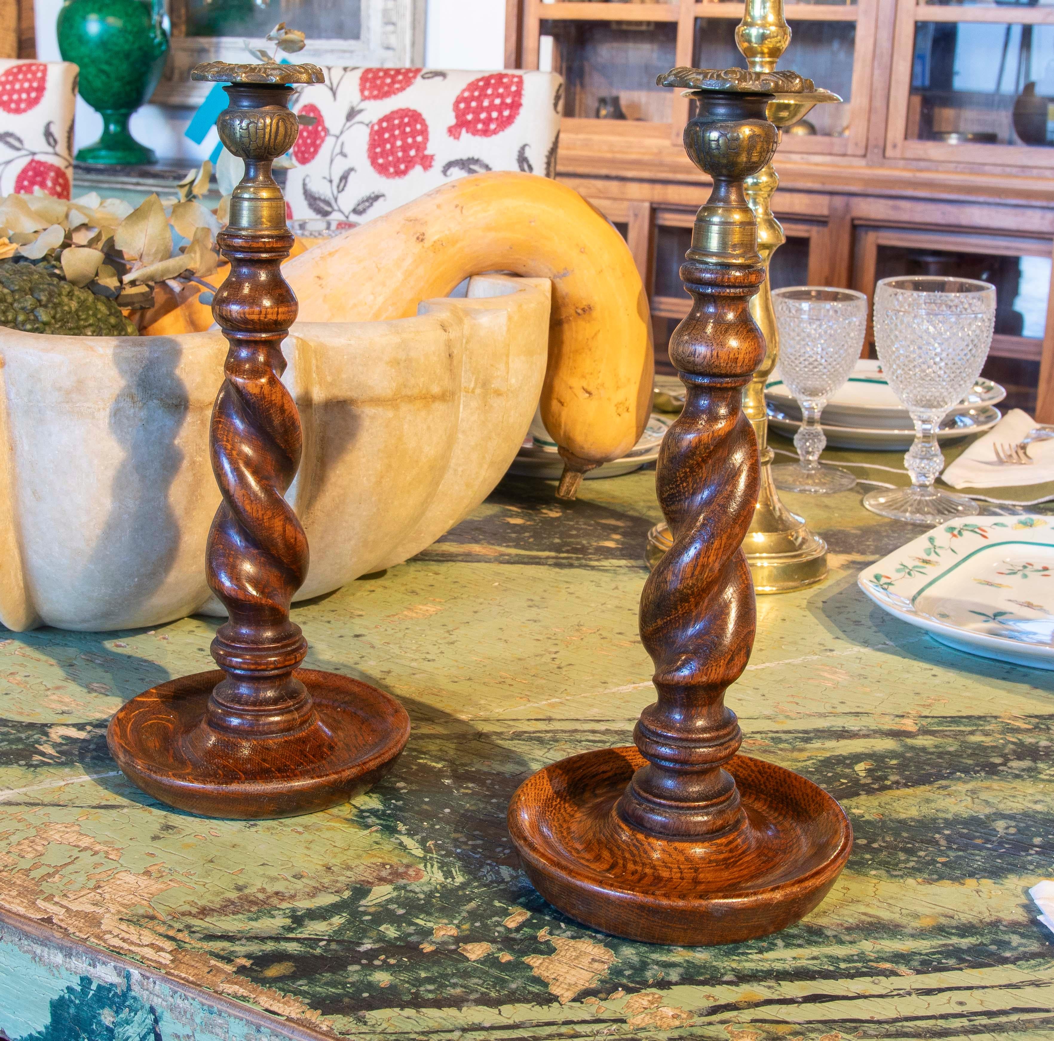Spanish Pair of Turned Wooden Candlesticks with Bronze Tops