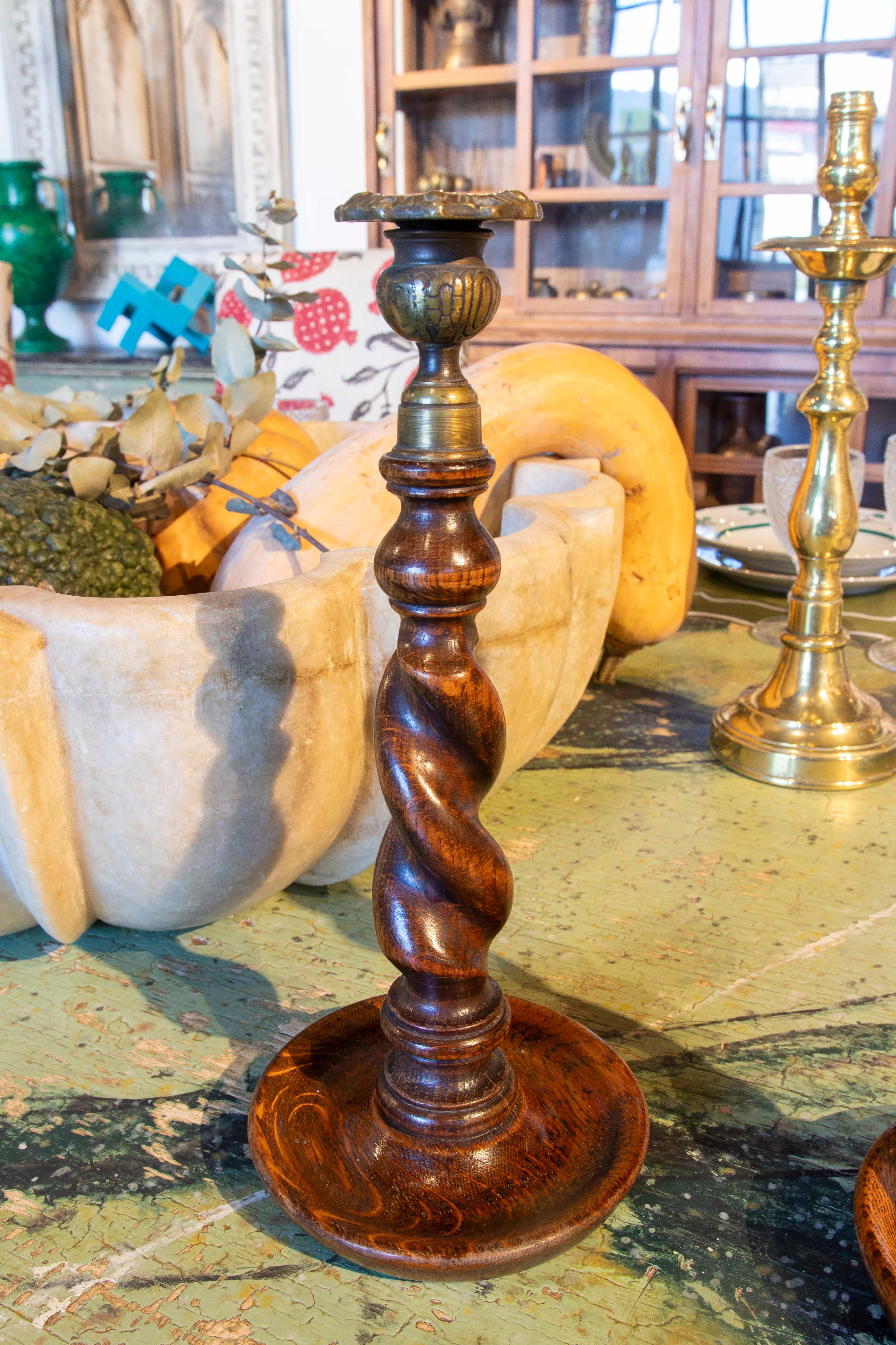 Pair of Turned Wooden Candlesticks with Bronze Tops In Good Condition In Marbella, ES