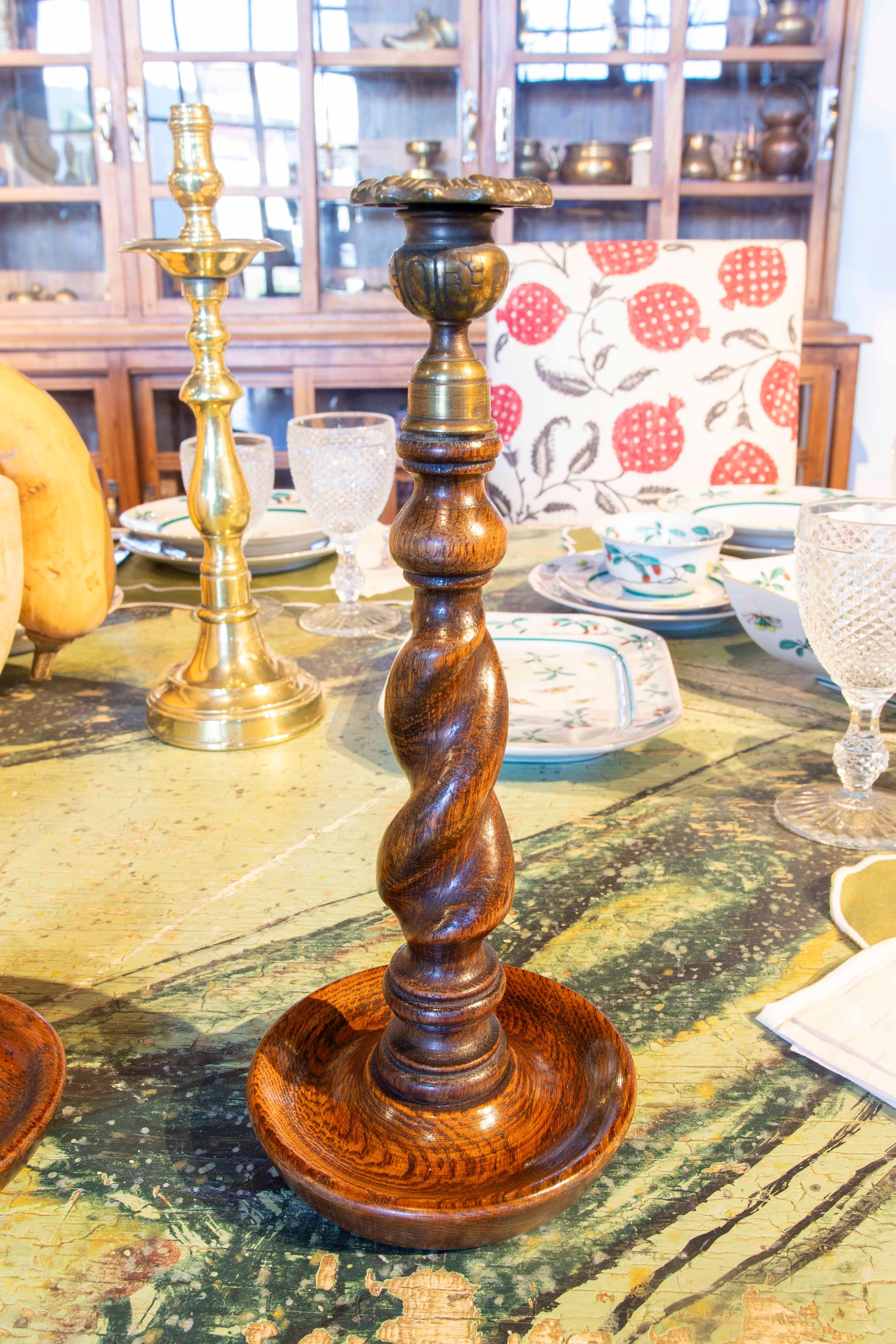 20th Century Pair of Turned Wooden Candlesticks with Bronze Tops