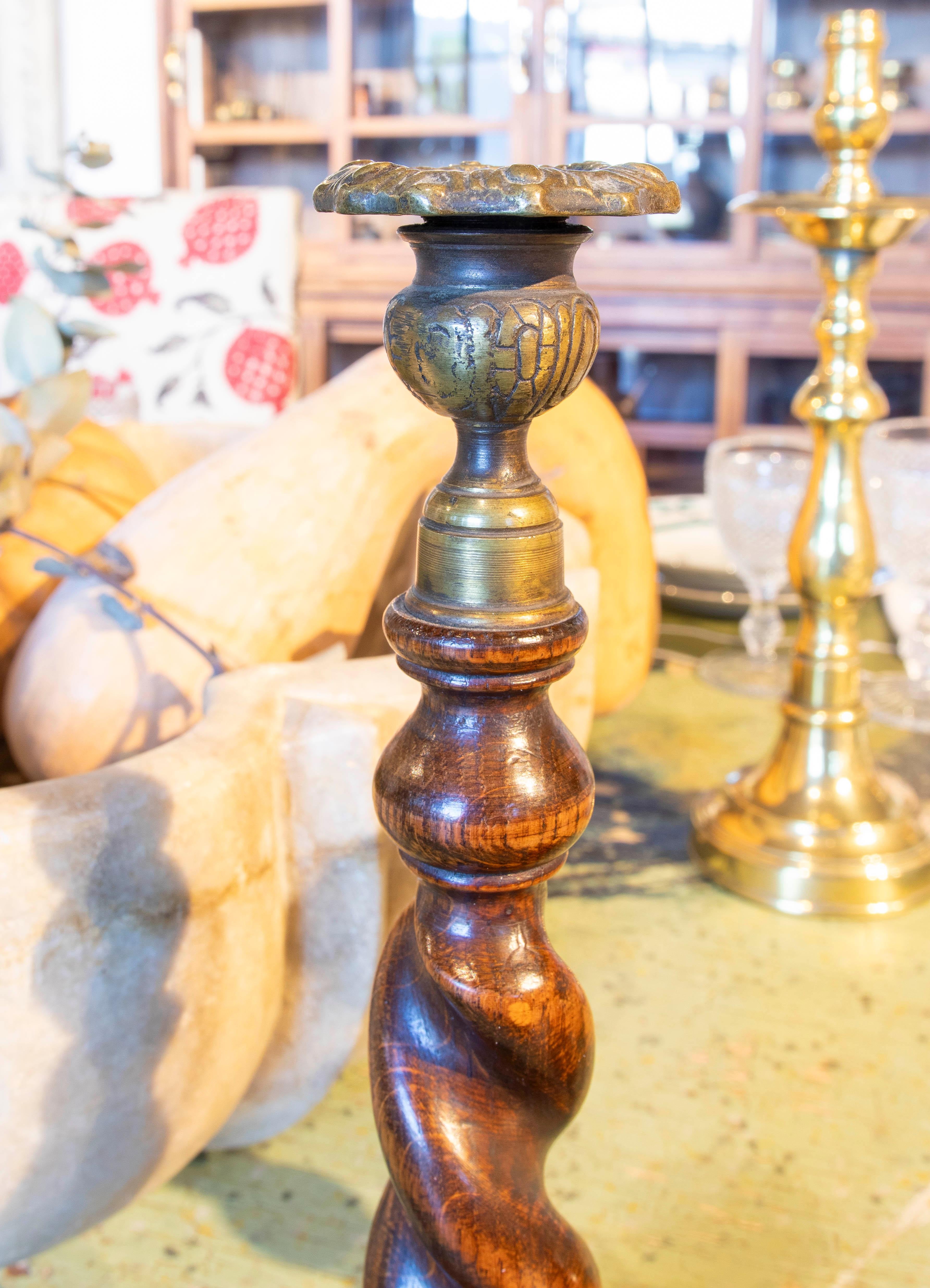 Pair of Turned Wooden Candlesticks with Bronze Tops 1