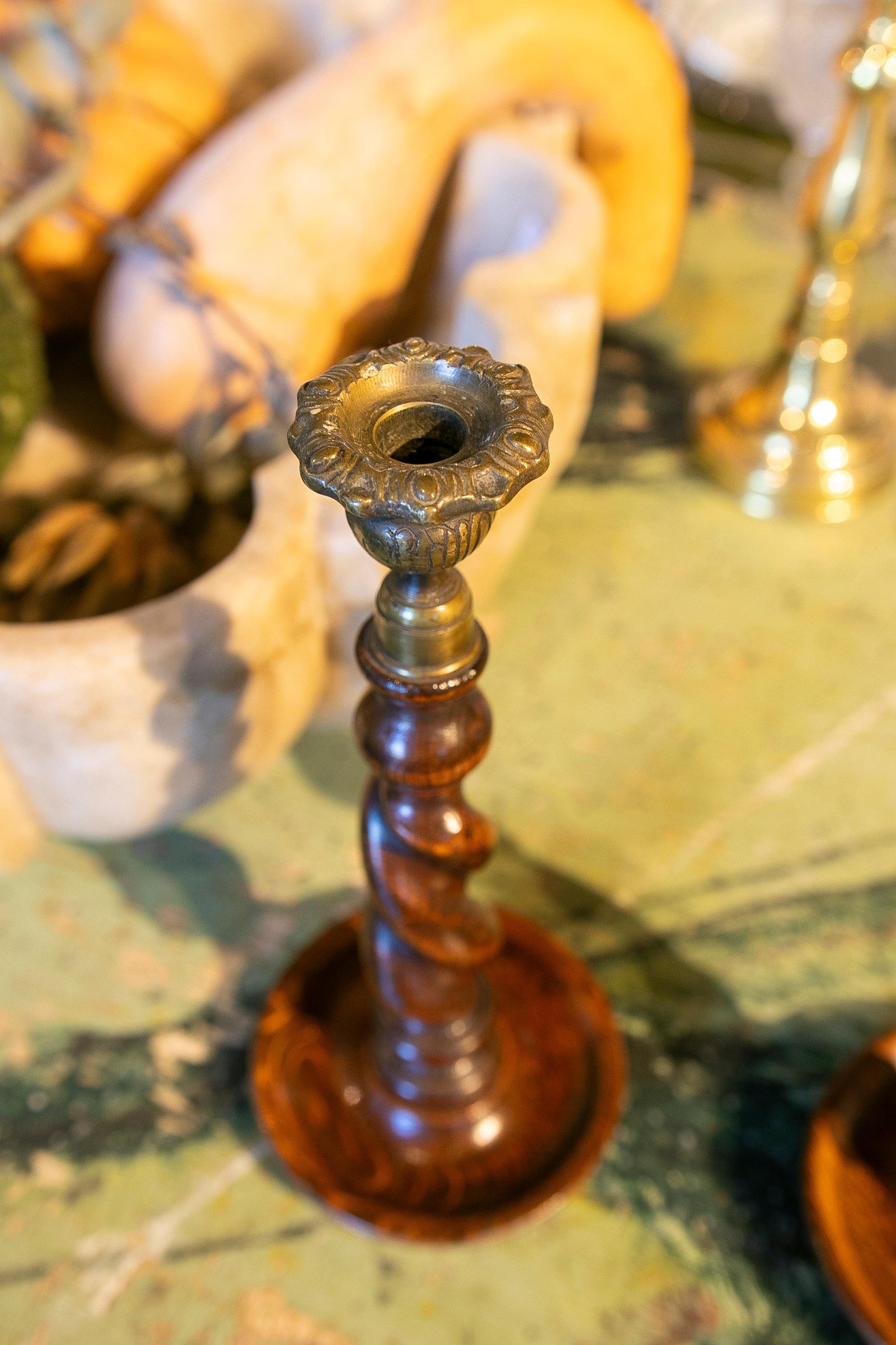 Pair of Turned Wooden Candlesticks with Bronze Tops 3
