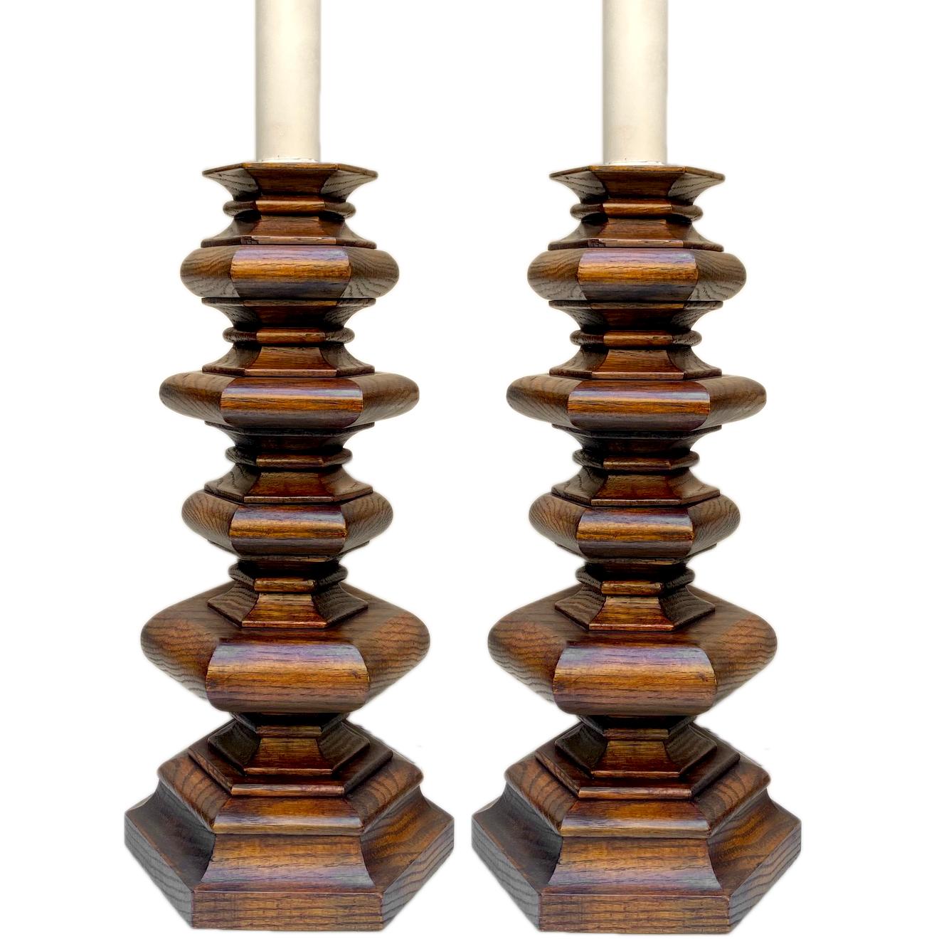 American Pair of Turned Wooden Lamps For Sale