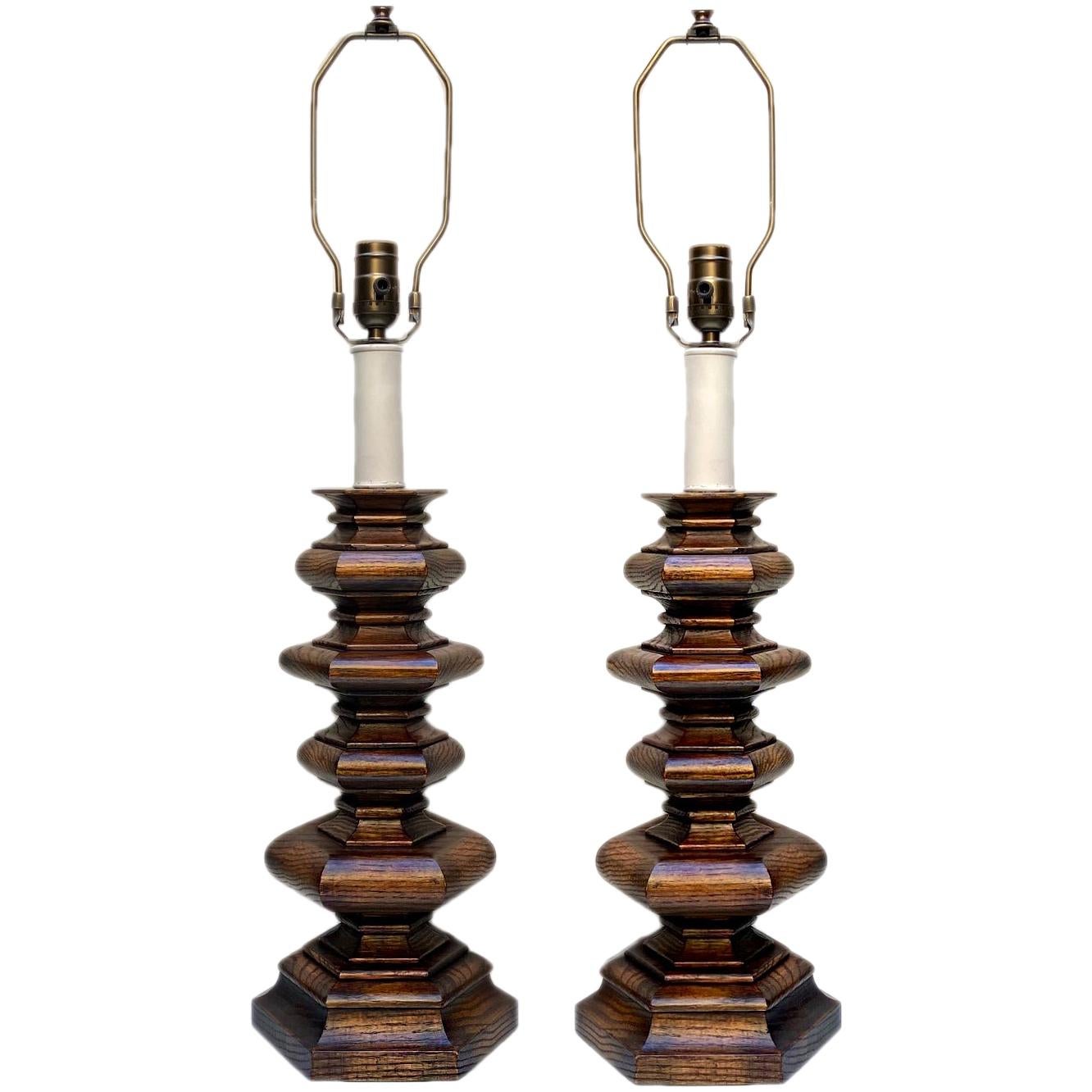 Pair of Turned Wooden Lamps For Sale