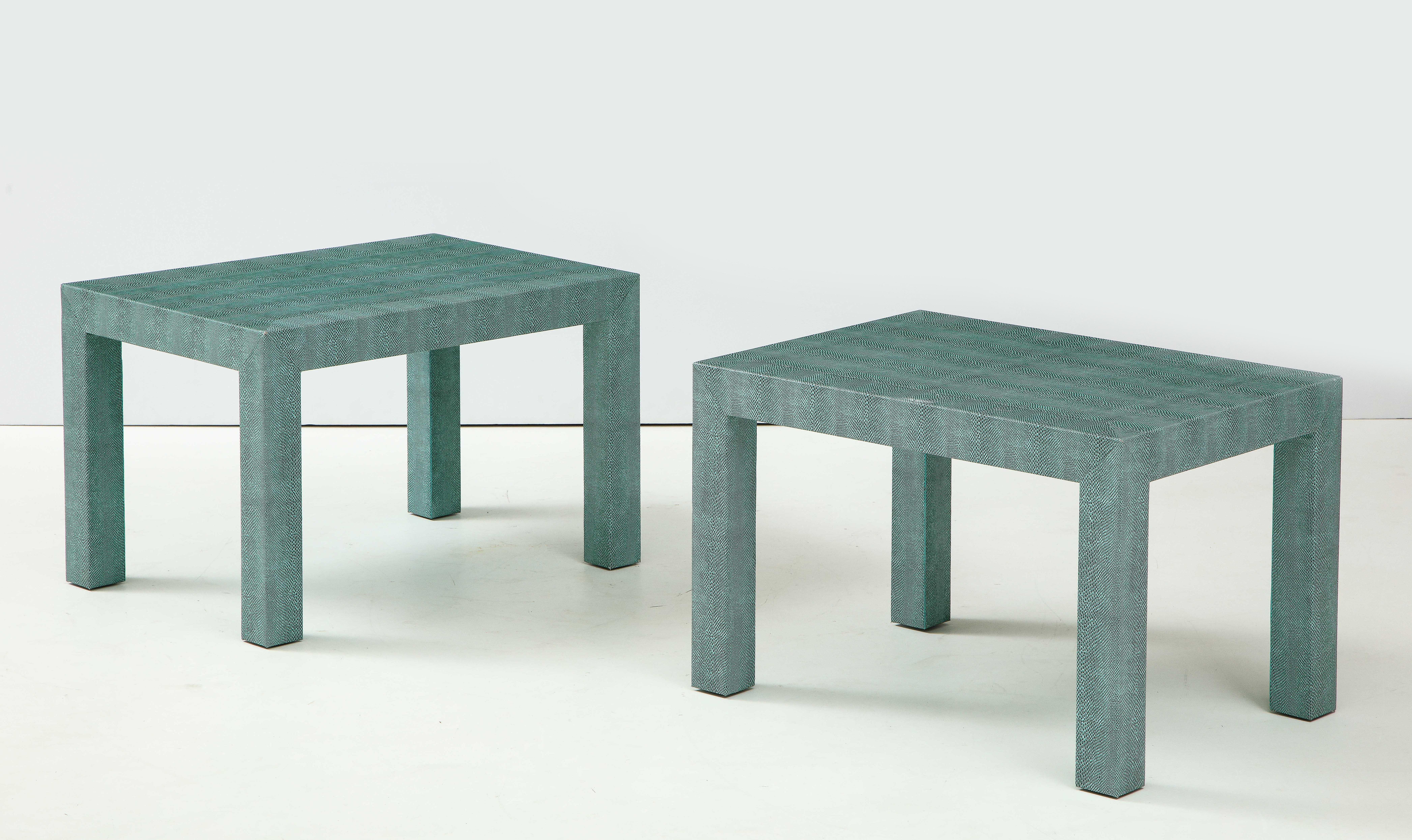 Pair of Turquoise 1980s Leather Wrapped Mid Century Side Table In Excellent Condition In New York, NY