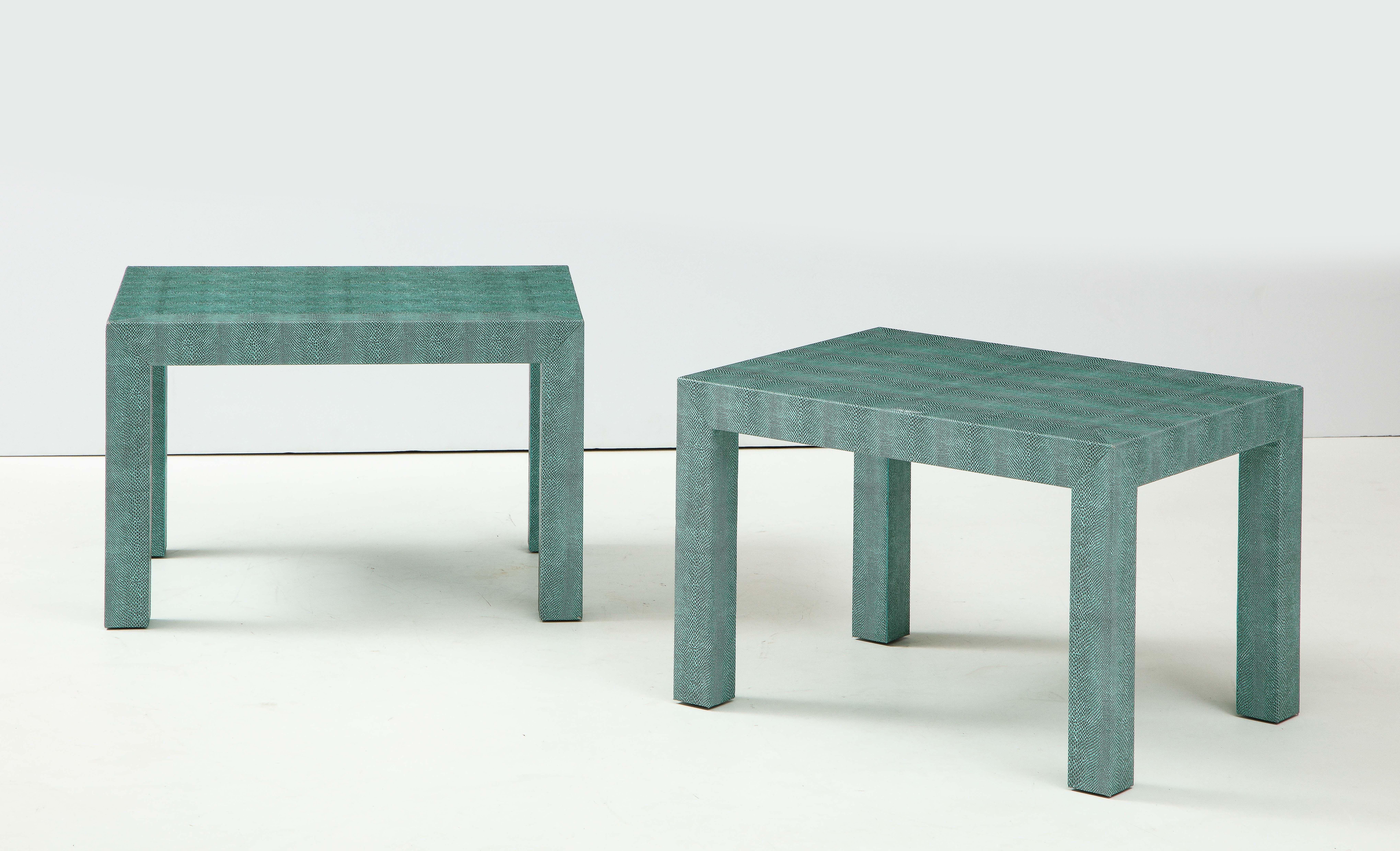 Pair of Turquoise 1980s Leather Wrapped Mid Century Side Table 1