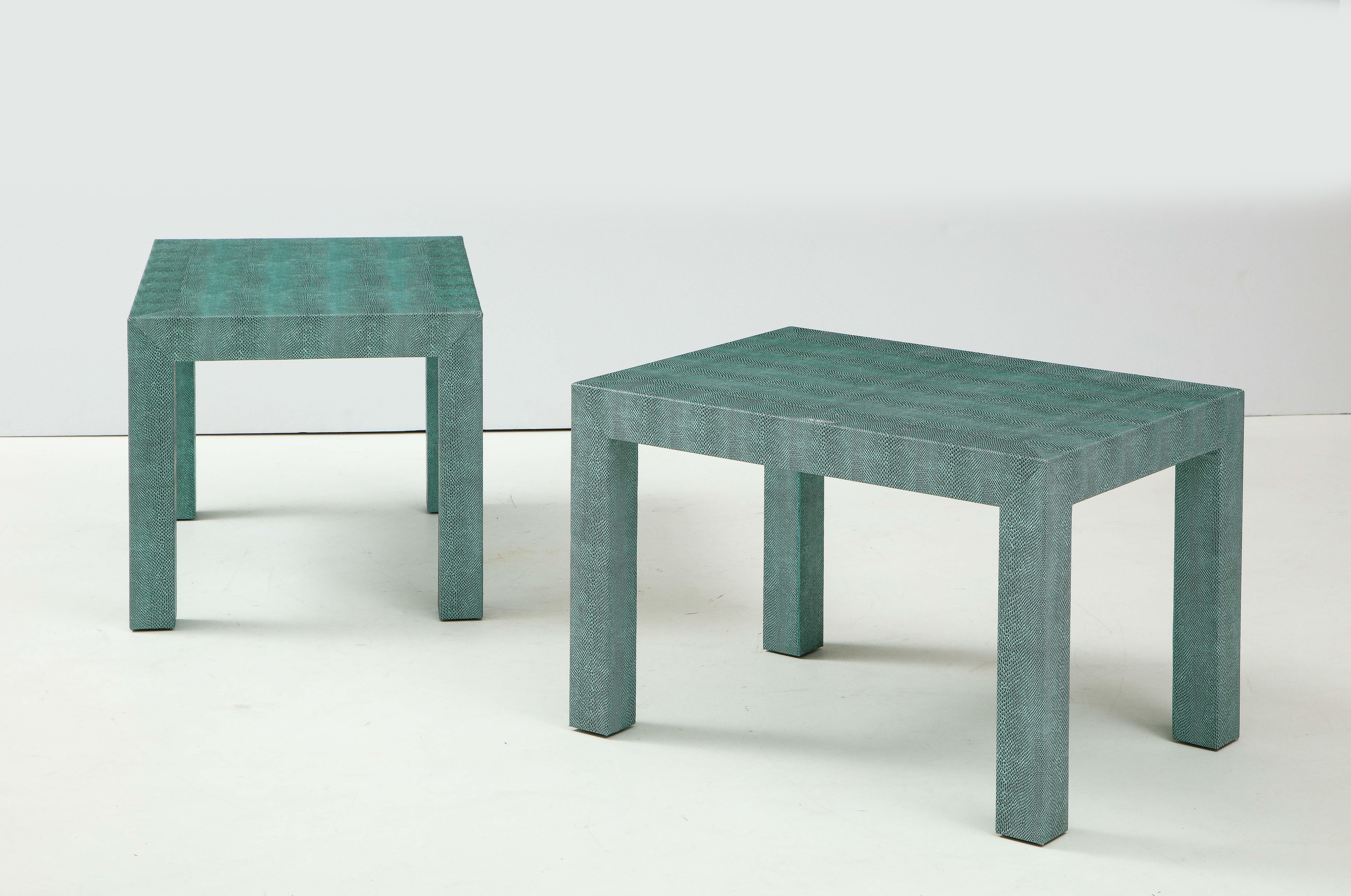 Pair of Turquoise 1980s Leather Wrapped Mid Century Side Table 2