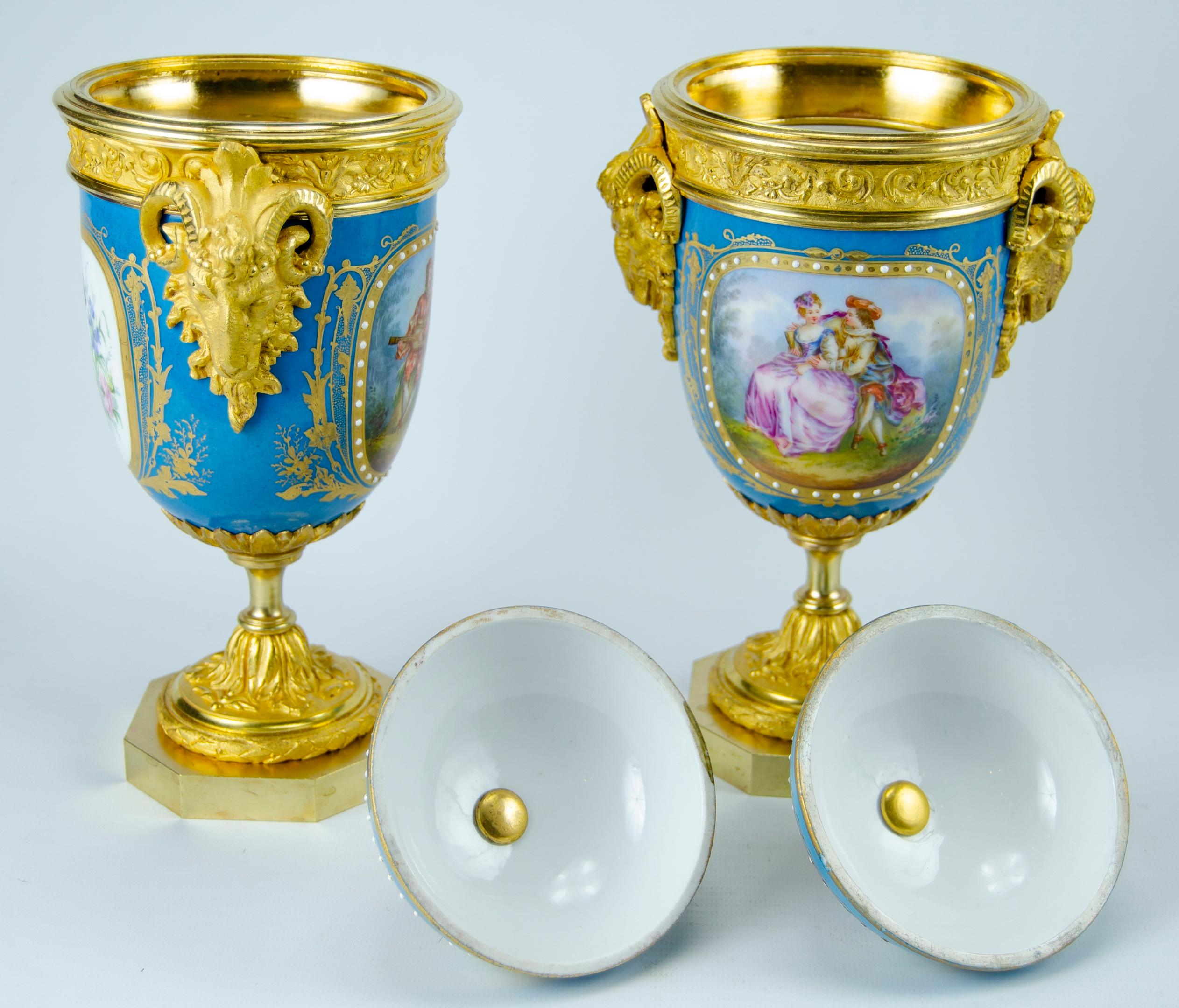 French Pair of Turquoise Amphorae Attributed to Sevres For Sale