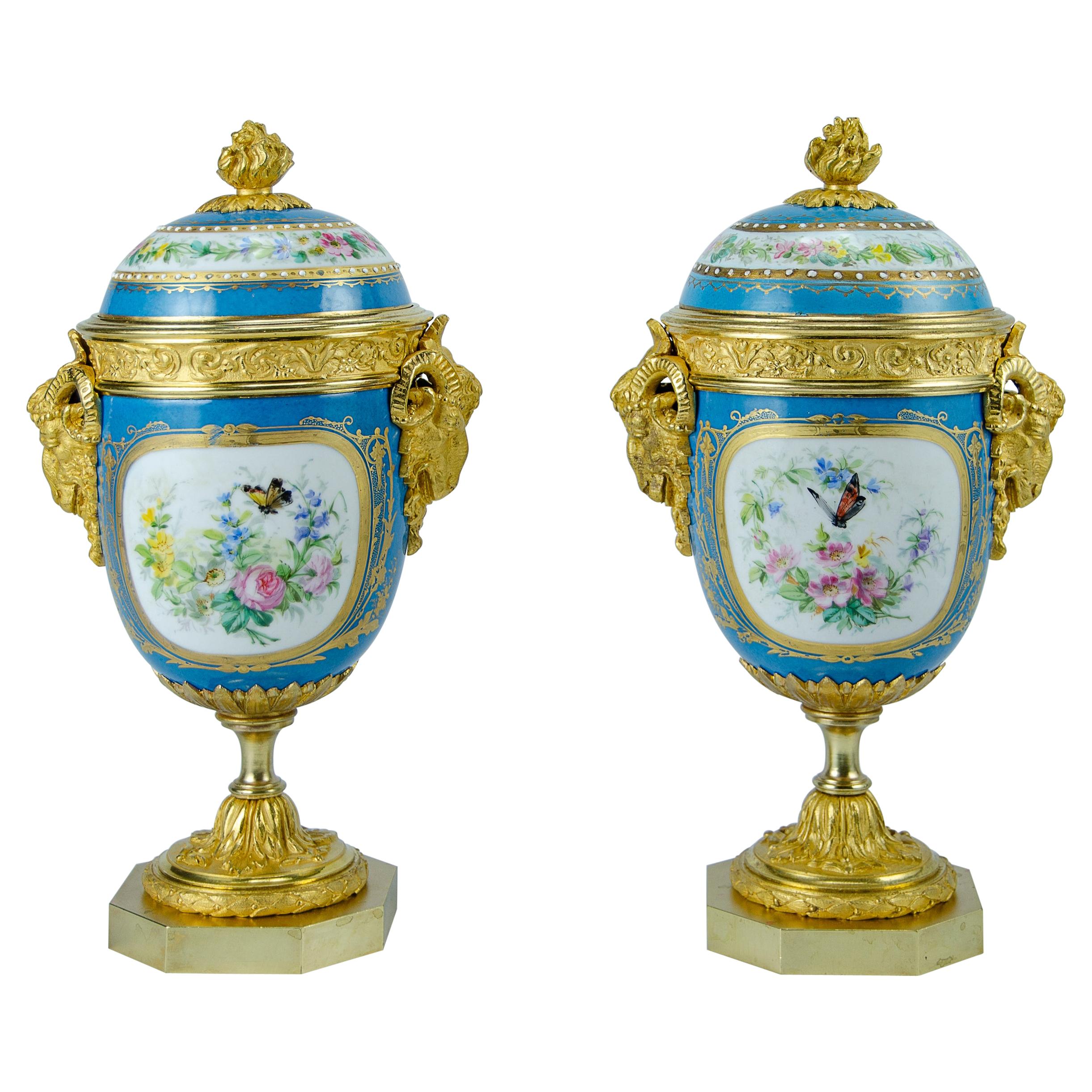 Pair of turquoise amphorae attributed to Sevres
Porcelain and gilt bronzes
Origin France circa 1900
Handles with male goats
Empire style.
The Napoleon III style had its heyday during the 1850s and 1880s. Emperor Napoleon wanted to emulate the