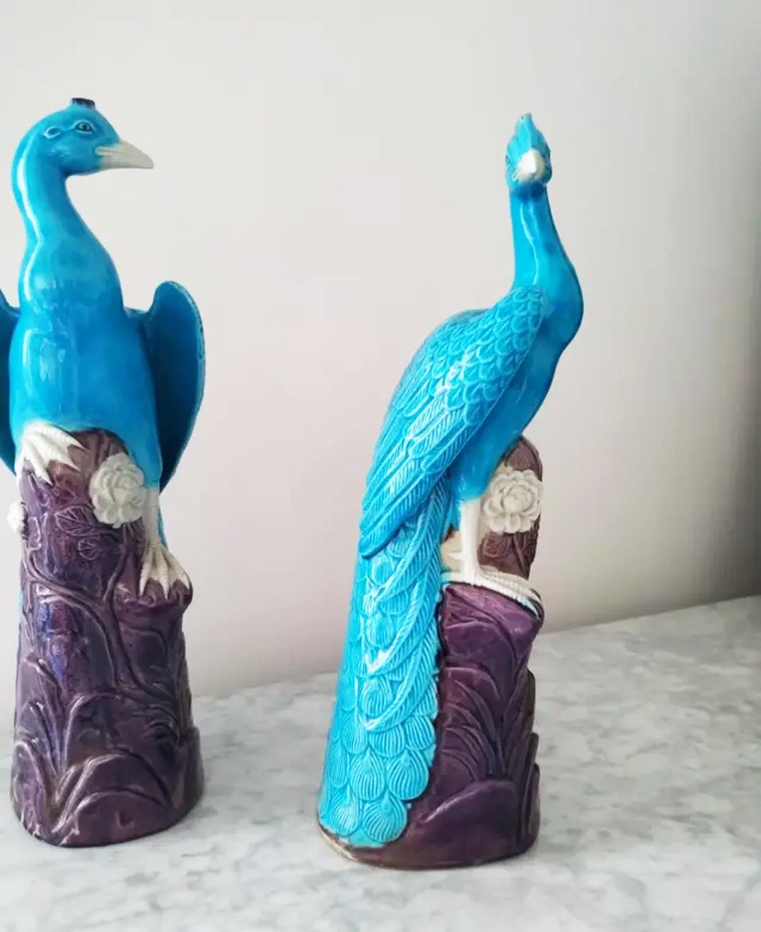Pair of Turquoise and Manganese Glazed Chinese Porcelain Ho-Ho Birds 4