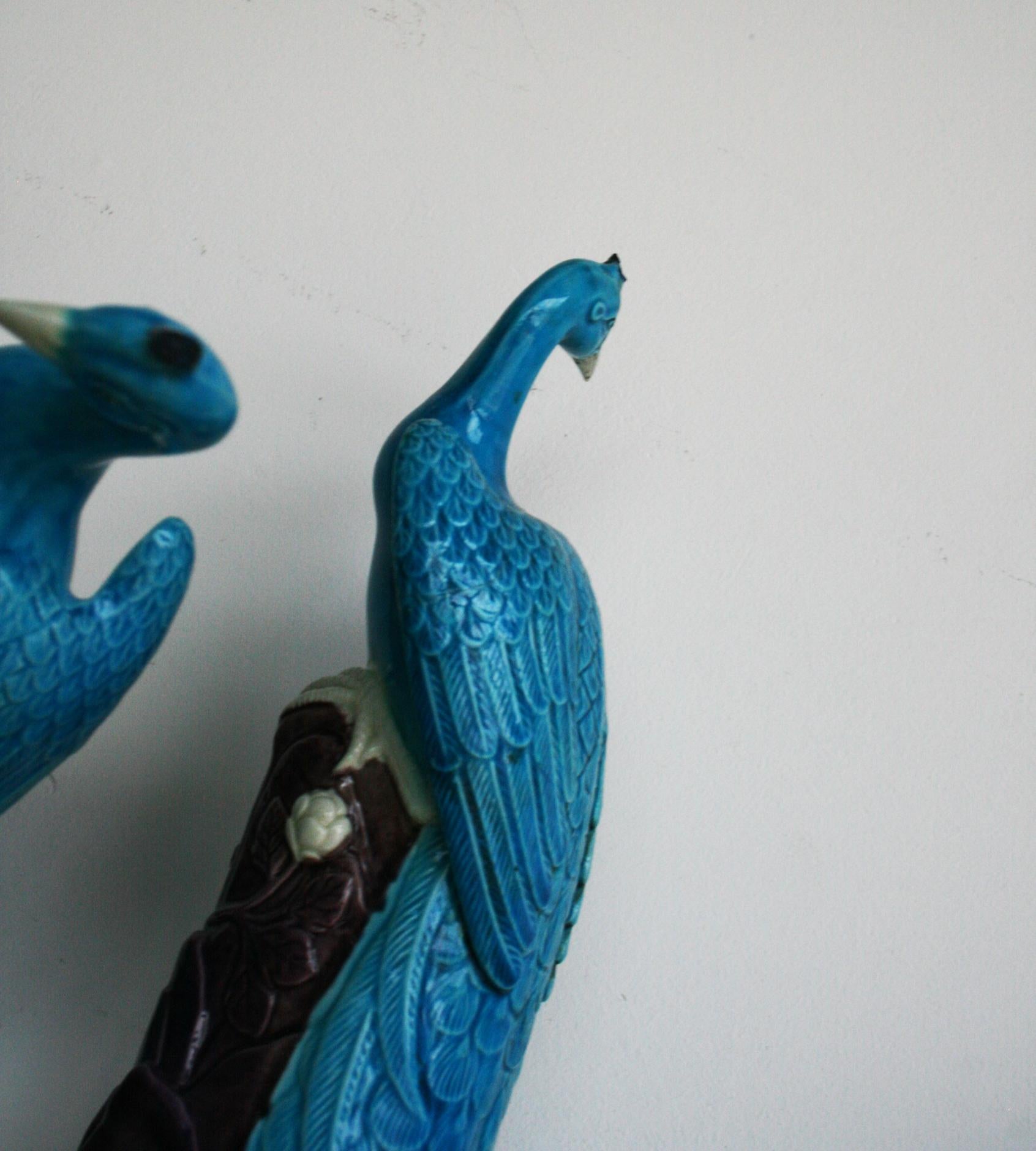 Pair of Turquoise and Manganese Glazed Chinese Porcelain Ho-Ho Birds 5