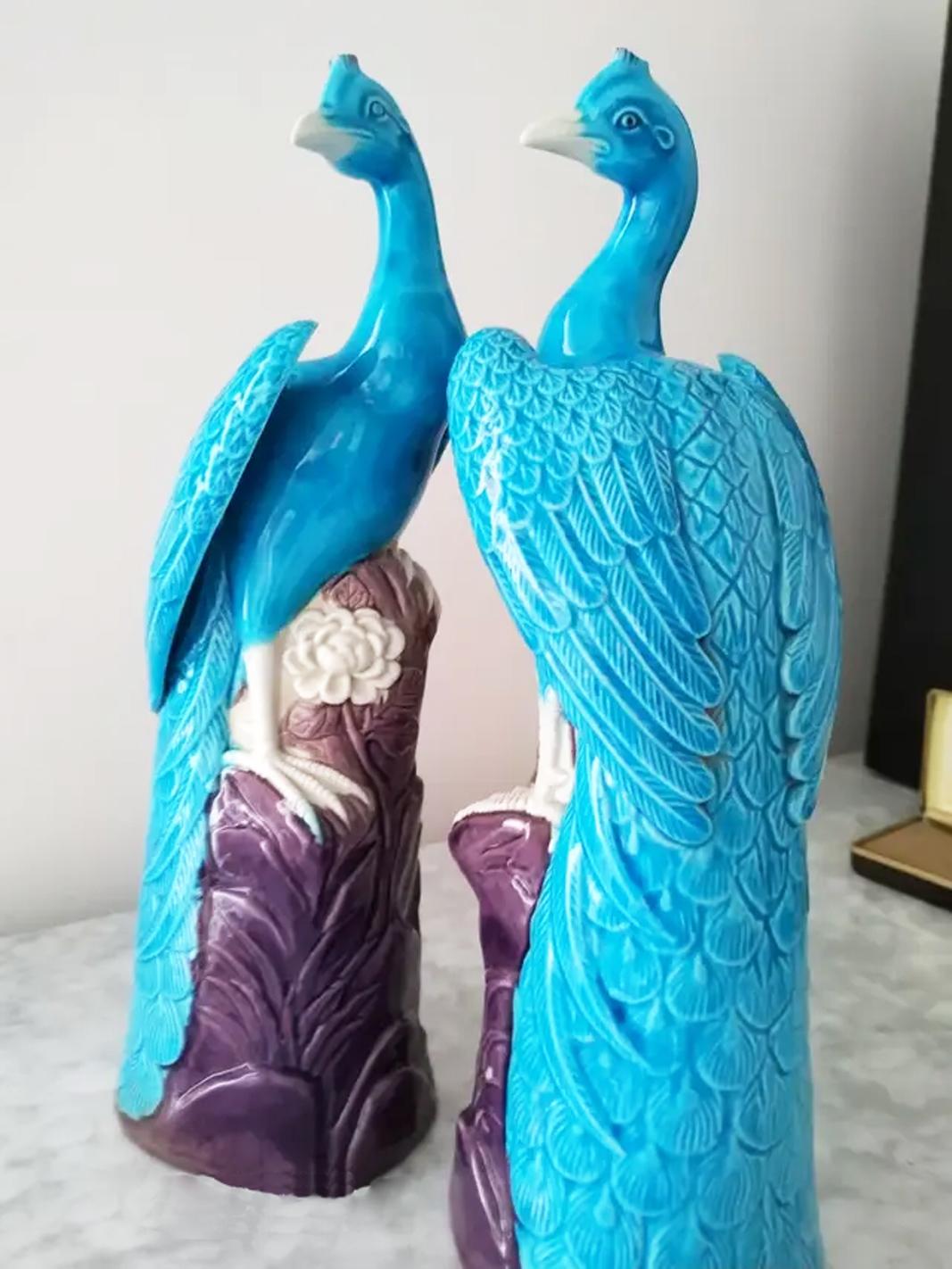 Pair of Turquoise and Manganese Glazed Chinese Porcelain Ho-Ho Birds 6