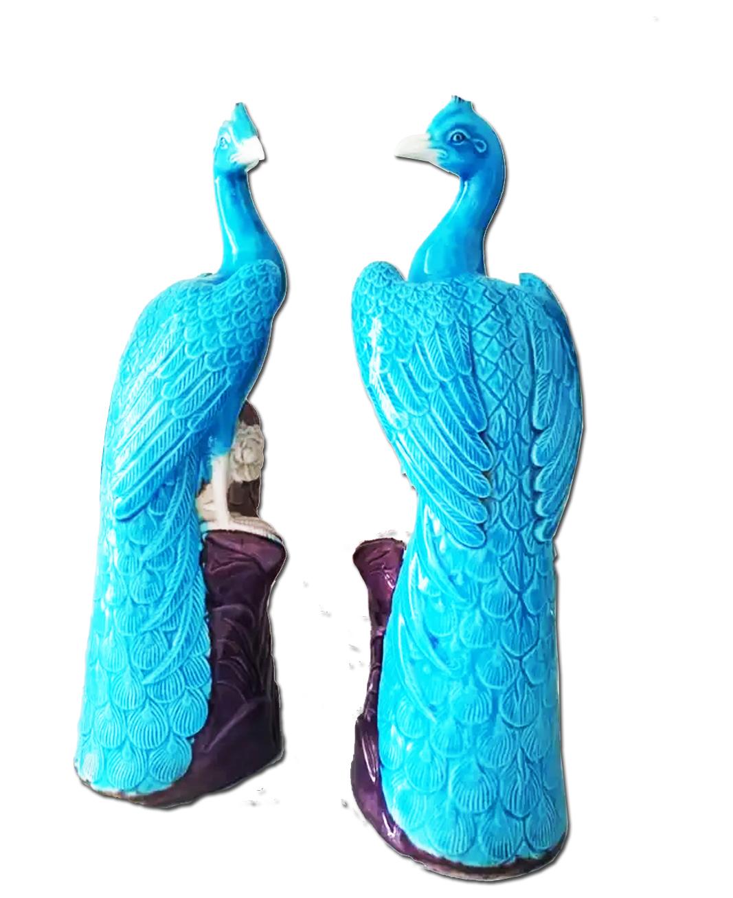 Pair of Turquoise and Manganese Glazed Chinese Porcelain Ho-Ho Birds In Good Condition In Mombuey, Zamora