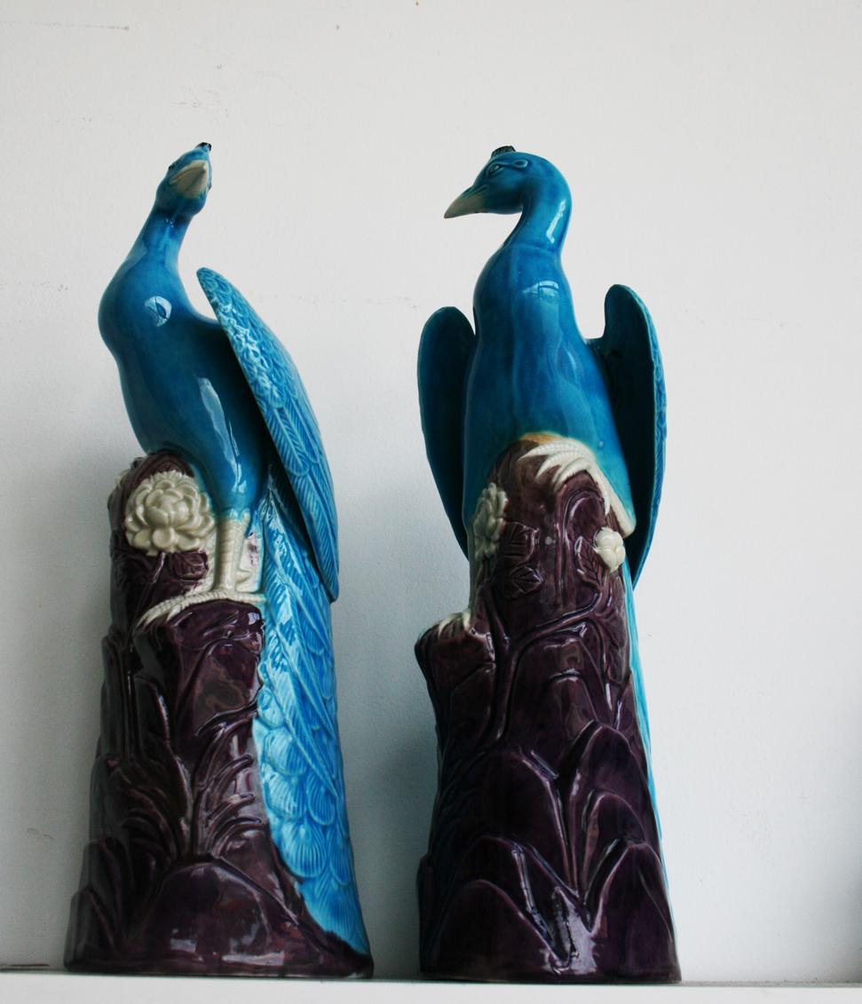 20th Century Pair of Turquoise and Manganese Glazed Chinese Porcelain Ho-Ho Birds