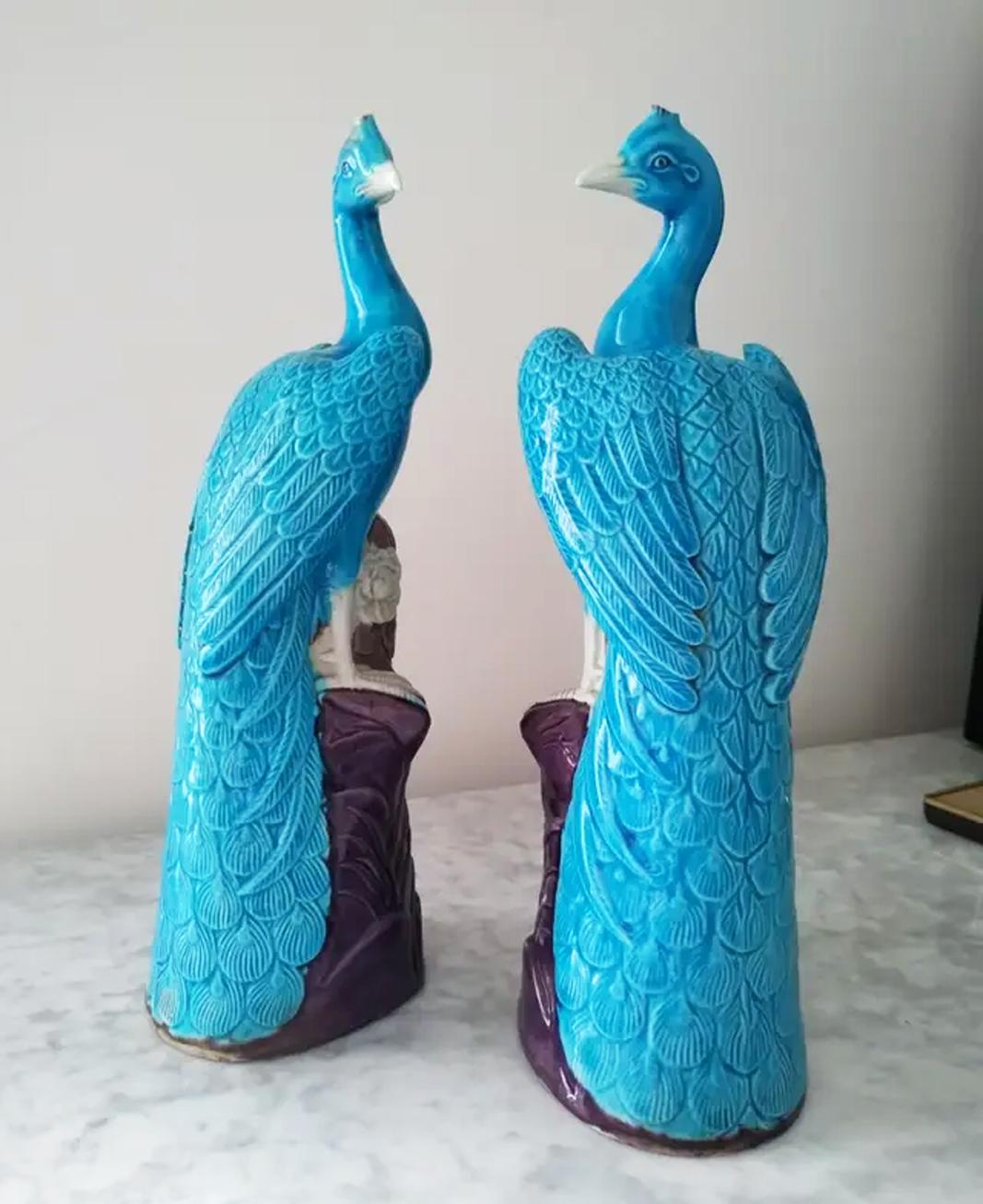 Pair of Turquoise and Manganese Glazed Chinese Porcelain Ho-Ho Birds 2