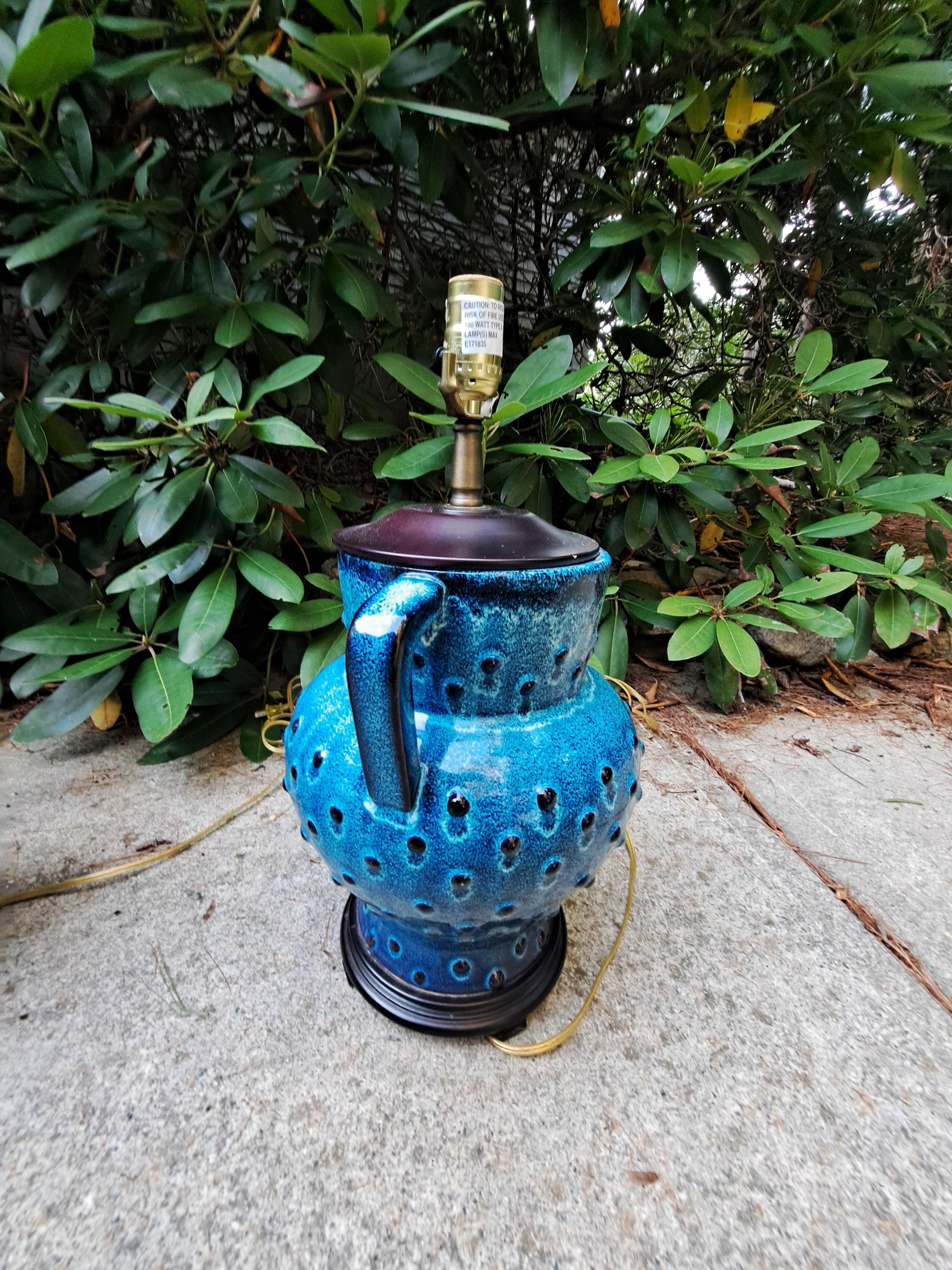 20th Century Pair of Turquoise Bitossi Ceramic Asian Lantern Style Italian Table Lamps For Sale