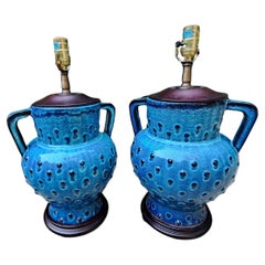 Pair of Turquoise Bitossi Ceramic Asian Lantern Style Italian Table Lamps