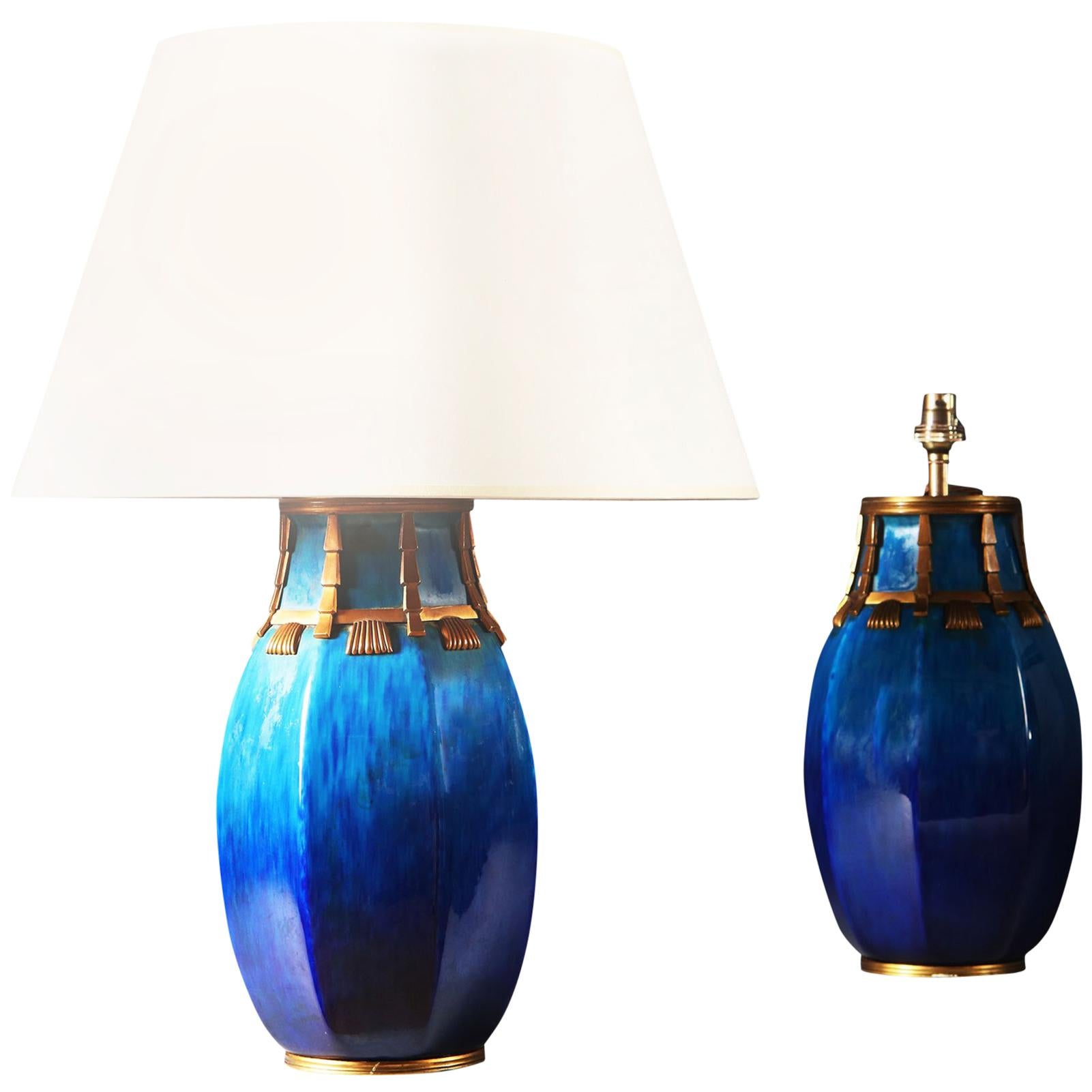 Pair of Turquoise Blue Glaze Table Lamps by Paul Milet, Sevres, Bronze Mounts