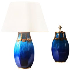 Pair of Turquoise Blue Glaze Table Lamps by Paul Milet, Sevres, Bronze Mounts