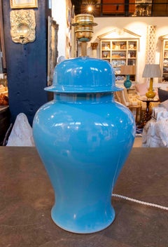 Pair of Turquoise Blue Glazed Ceramic Lamps