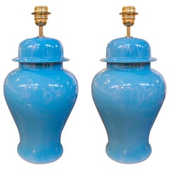 Pair of Turquoise Blue Glazed Ceramic Lamps