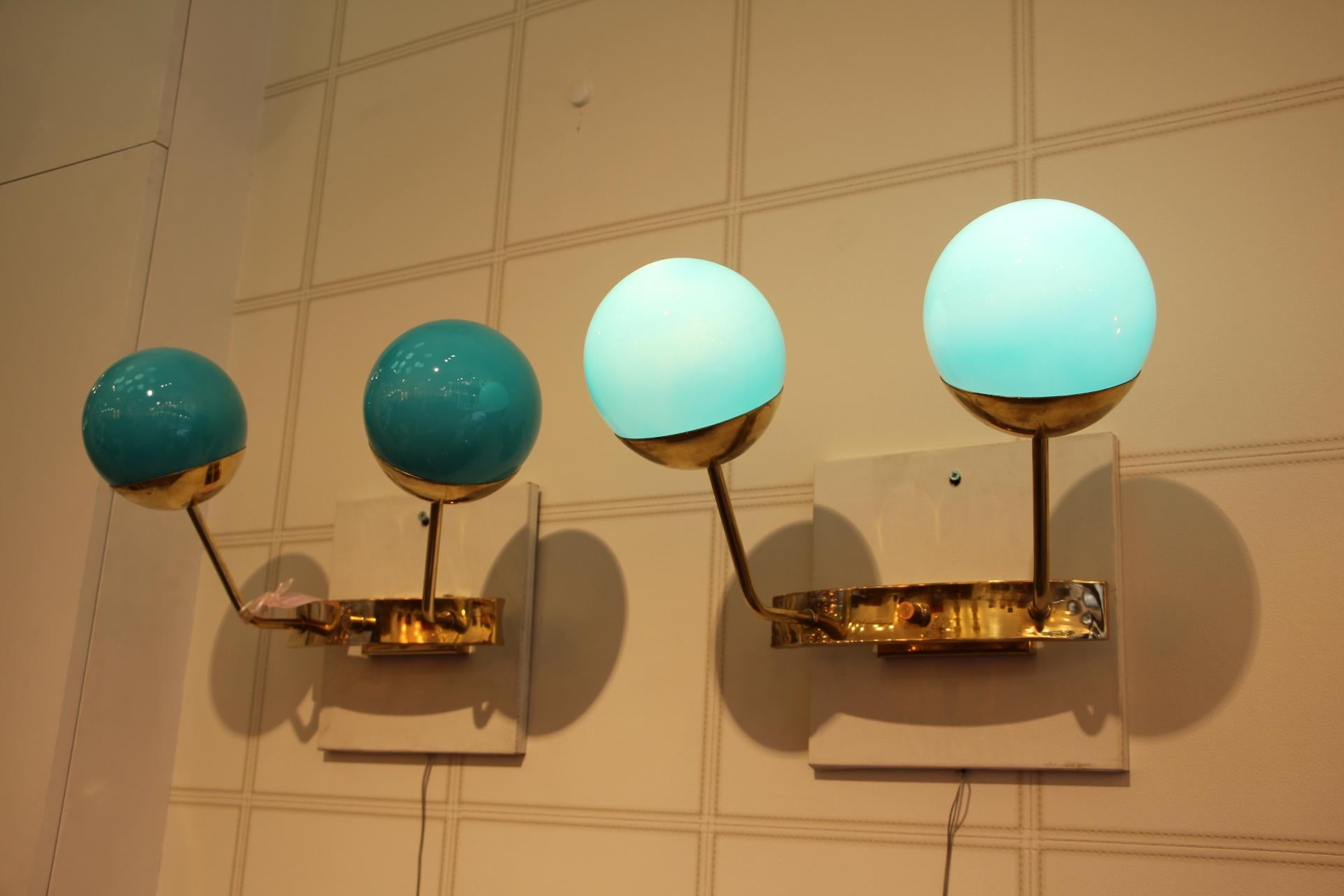 Brass Pair of Turquoise Blue Murano Glass Sconces