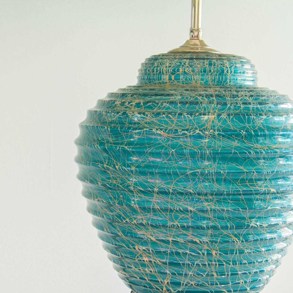 Mid-Century Modern Pair of Turquoise Blue Ribbed Ceramic Lamps, 1970s