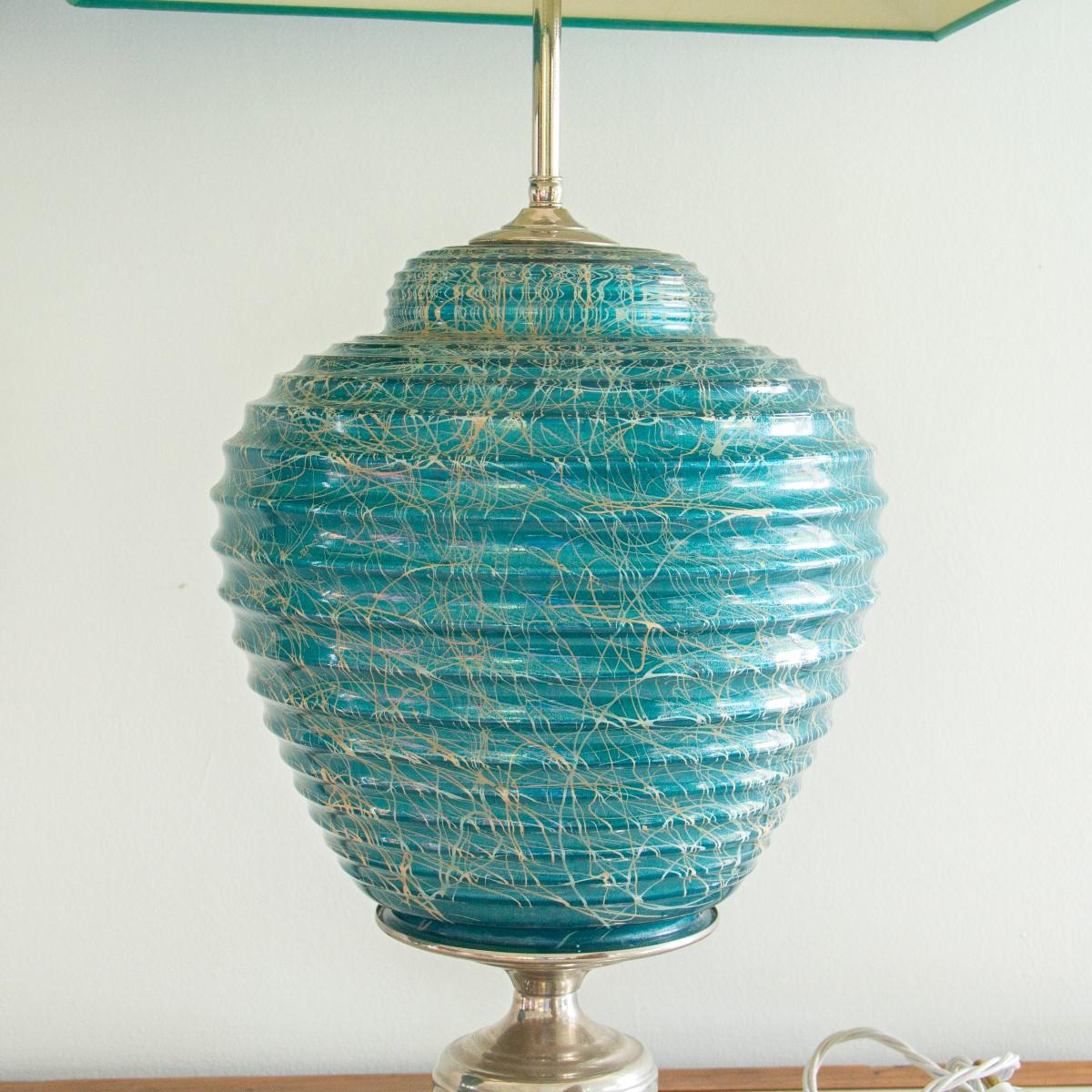 American Pair of Turquoise Blue Ribbed Ceramic Lamps, 1970s