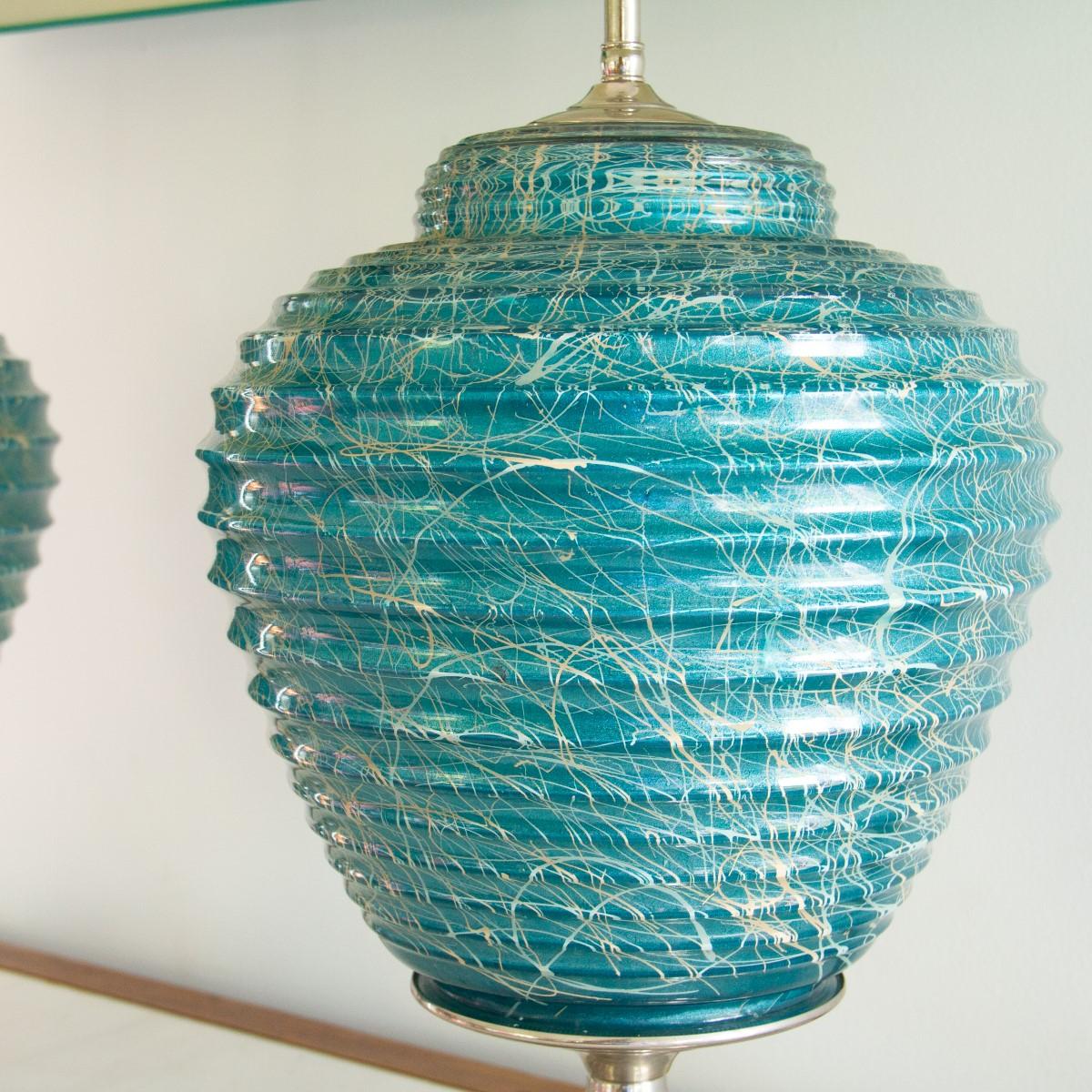 Late 20th Century Pair of Turquoise Blue Ribbed Ceramic Lamps, 1970s