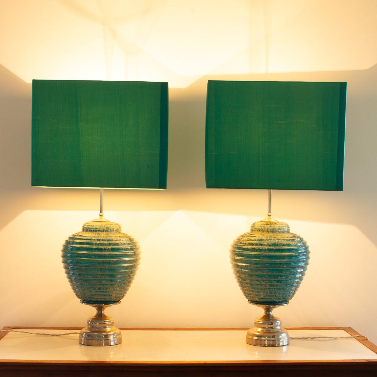 Pair of Turquoise Blue Ribbed Ceramic Lamps, 1970s 1