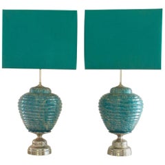 Pair of Turquoise Blue Ribbed Ceramic Lamps, 1970s