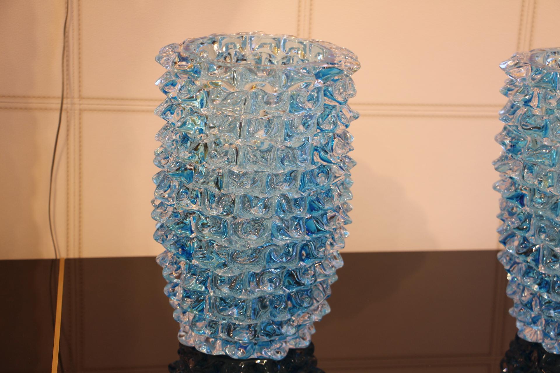 Mid-Century Modern Pair of Turquoise Blue Vase in Murano Glass with Spikes Decor, Barovier Style