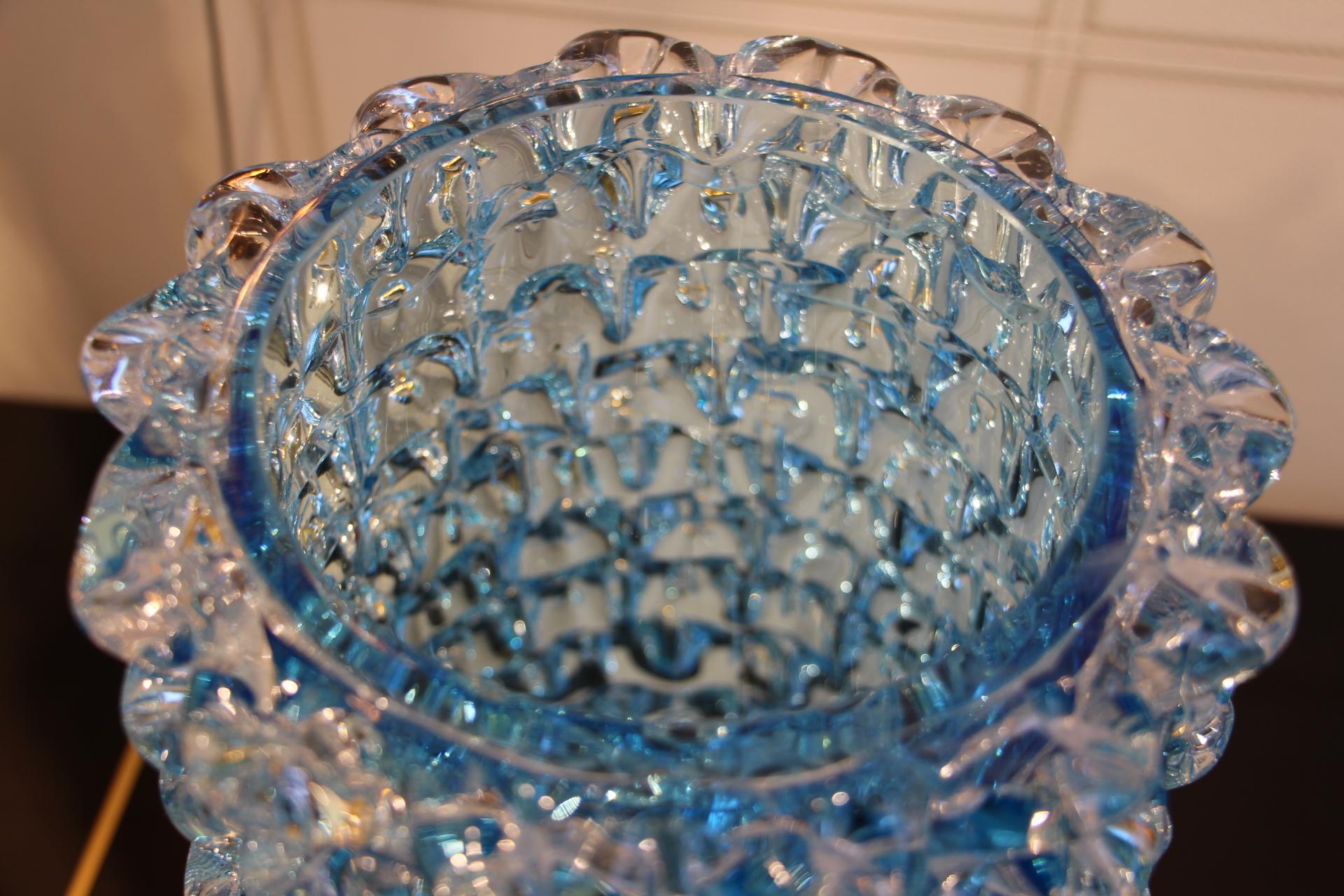 Pair of Turquoise Blue Vase in Murano Glass with Spikes Decor, Barovier Style In Excellent Condition In Saint-Ouen, FR