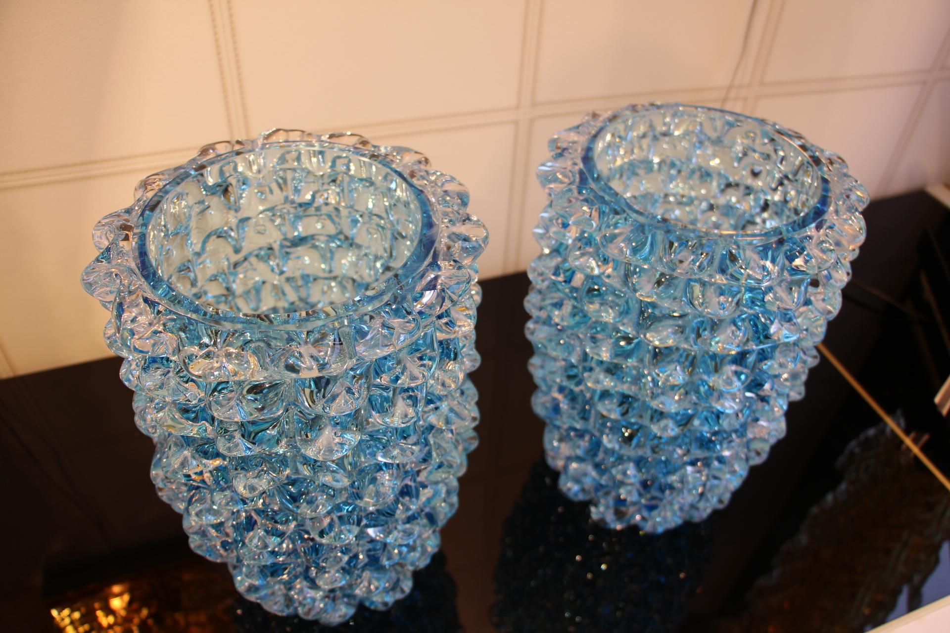 Late 20th Century Pair of Turquoise Blue Vase in Murano Glass with Spikes Decor, Barovier Style