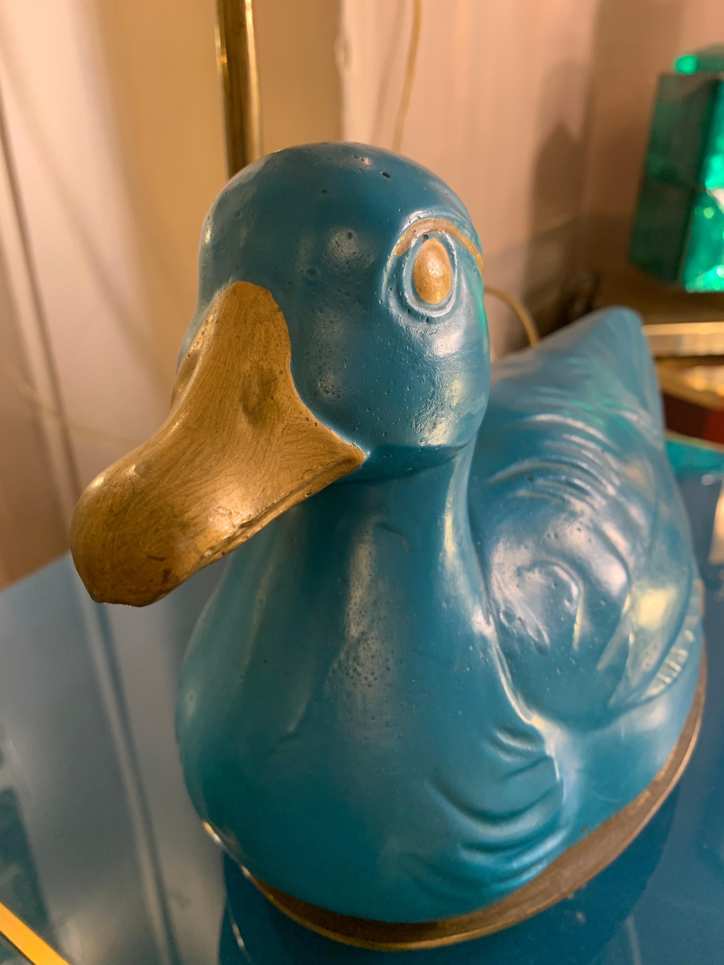 Pair of Turquoise Bronze Table Lamps in the Shape of a Duck with Our Lampshades 2
