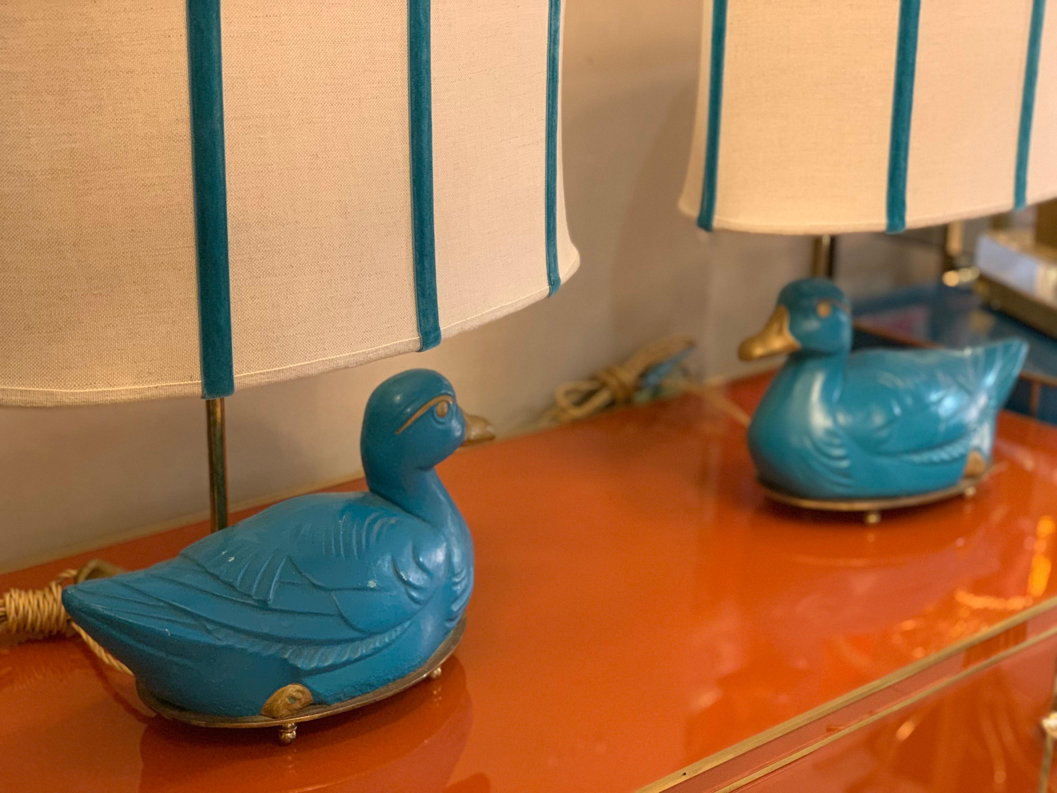 Pair of Turquoise Bronze Table Lamps in the Shape of a Duck with Our Lampshades 6