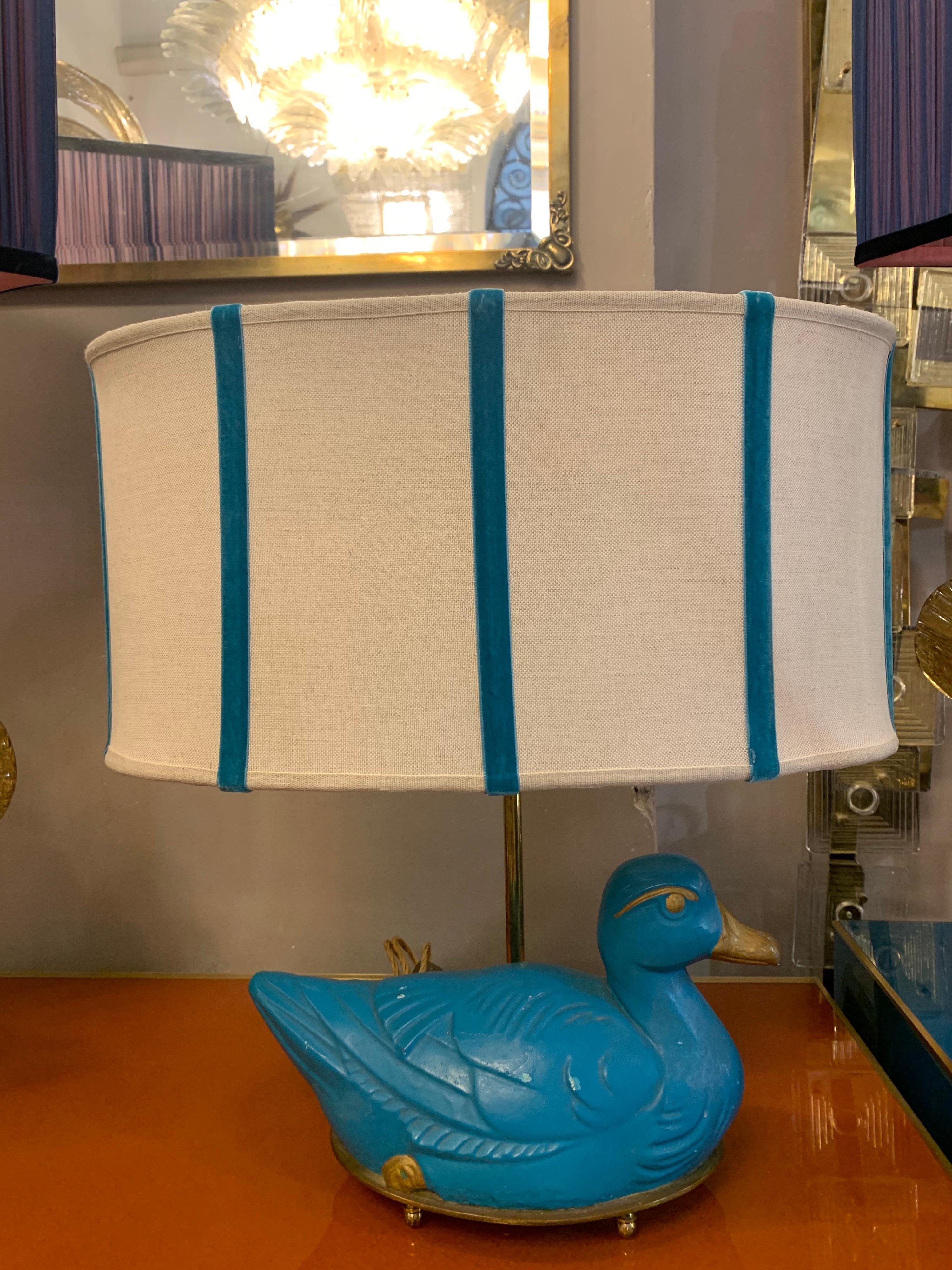 Pair of Turquoise Bronze Table Lamps in the Shape of a Duck with Our Lampshades 9
