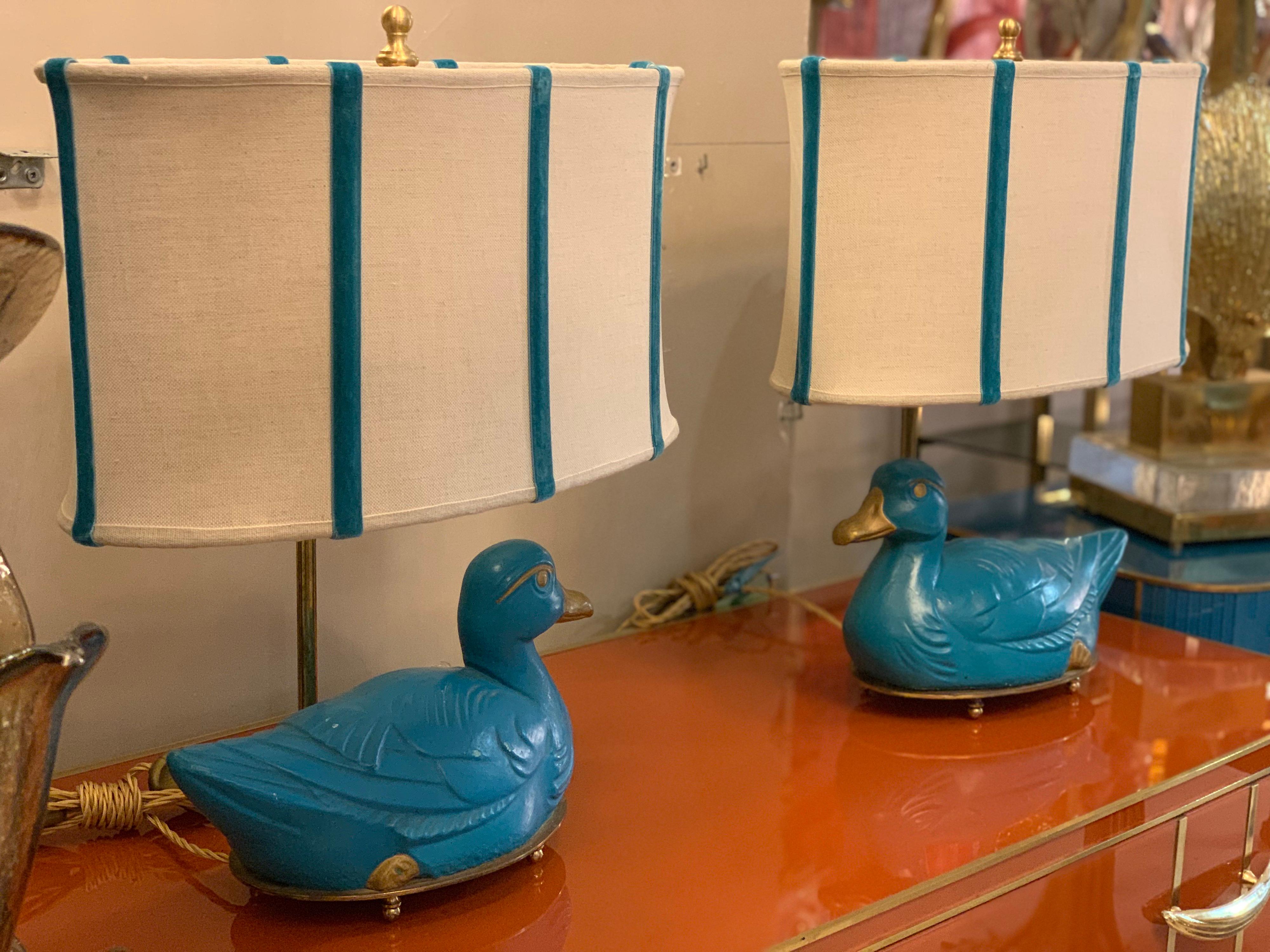 Pair of Turquoise Bronze Table Lamps in the Shape of a Duck with Our Lampshades 10