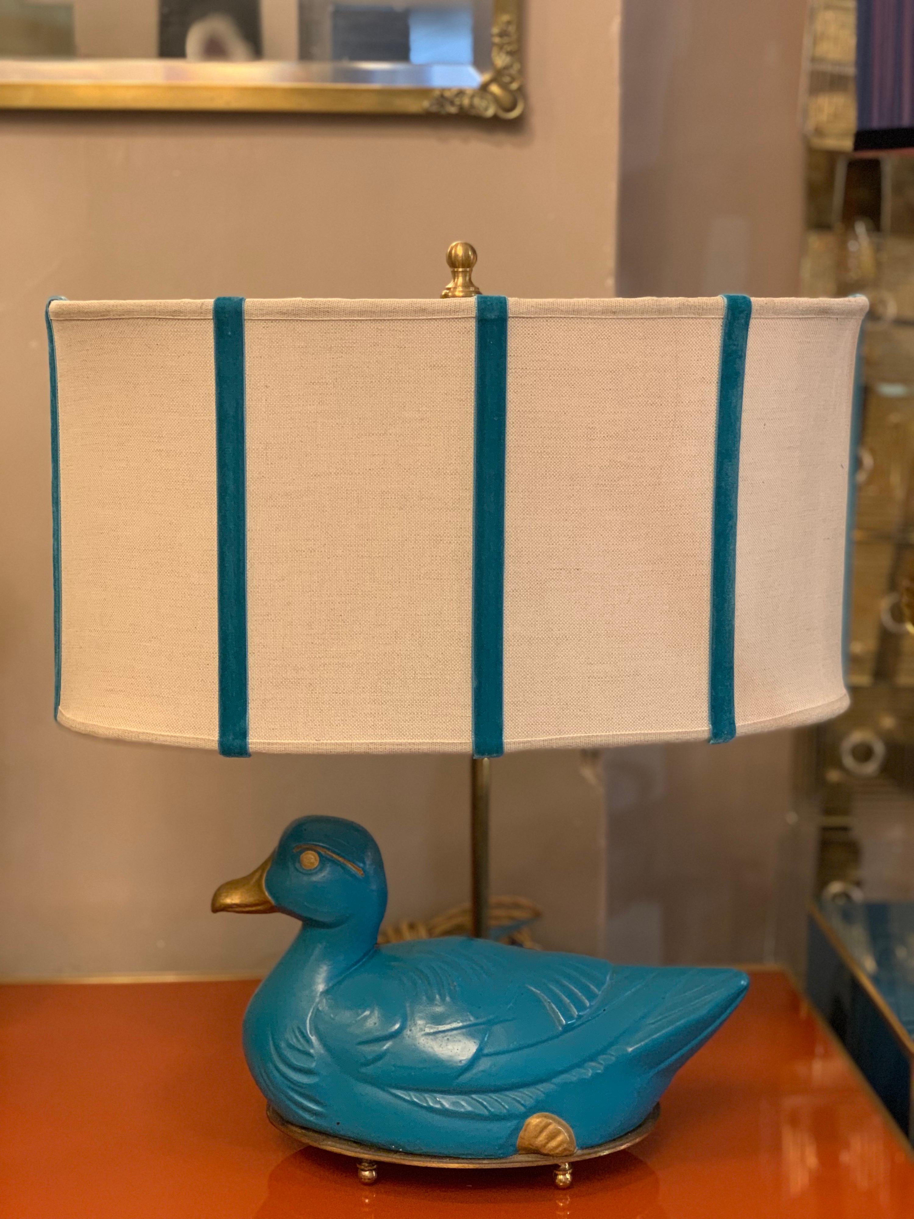 Mid-Century Modern Pair of Turquoise Bronze Table Lamps in the Shape of a Duck with Our Lampshades