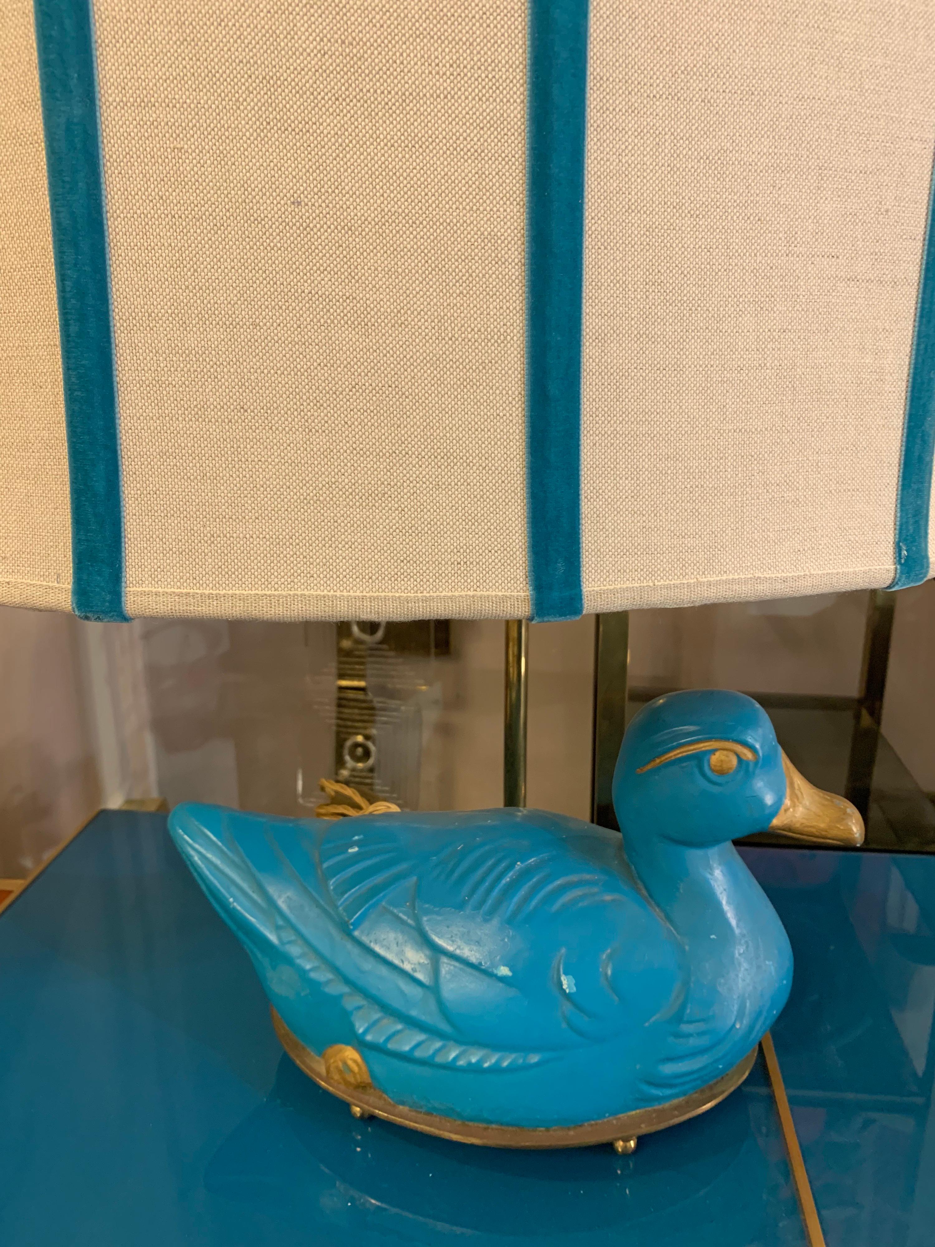 Italian Pair of Turquoise Bronze Table Lamps in the Shape of a Duck with Our Lampshades