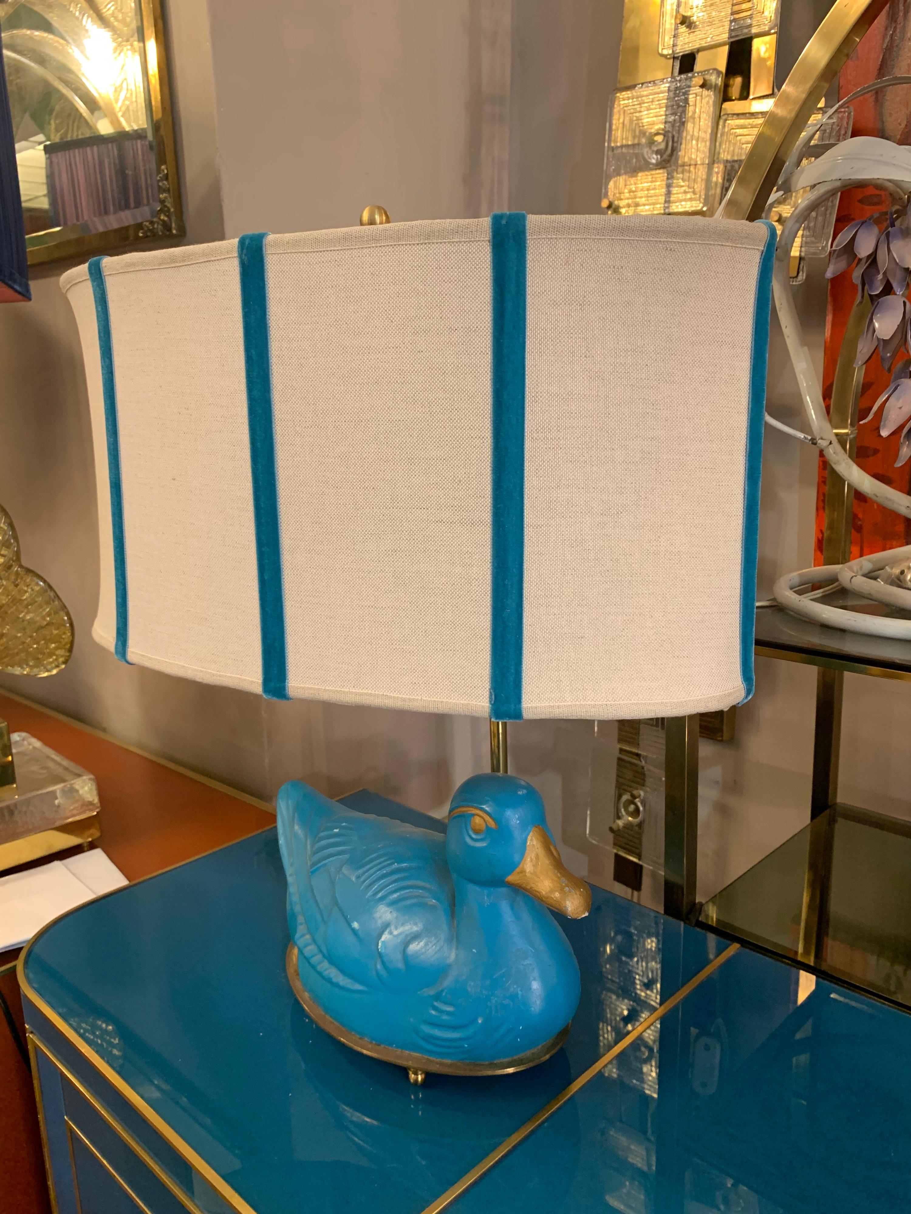 Pair of Turquoise Bronze Table Lamps in the Shape of a Duck with Our Lampshades In Good Condition In Florence, IT