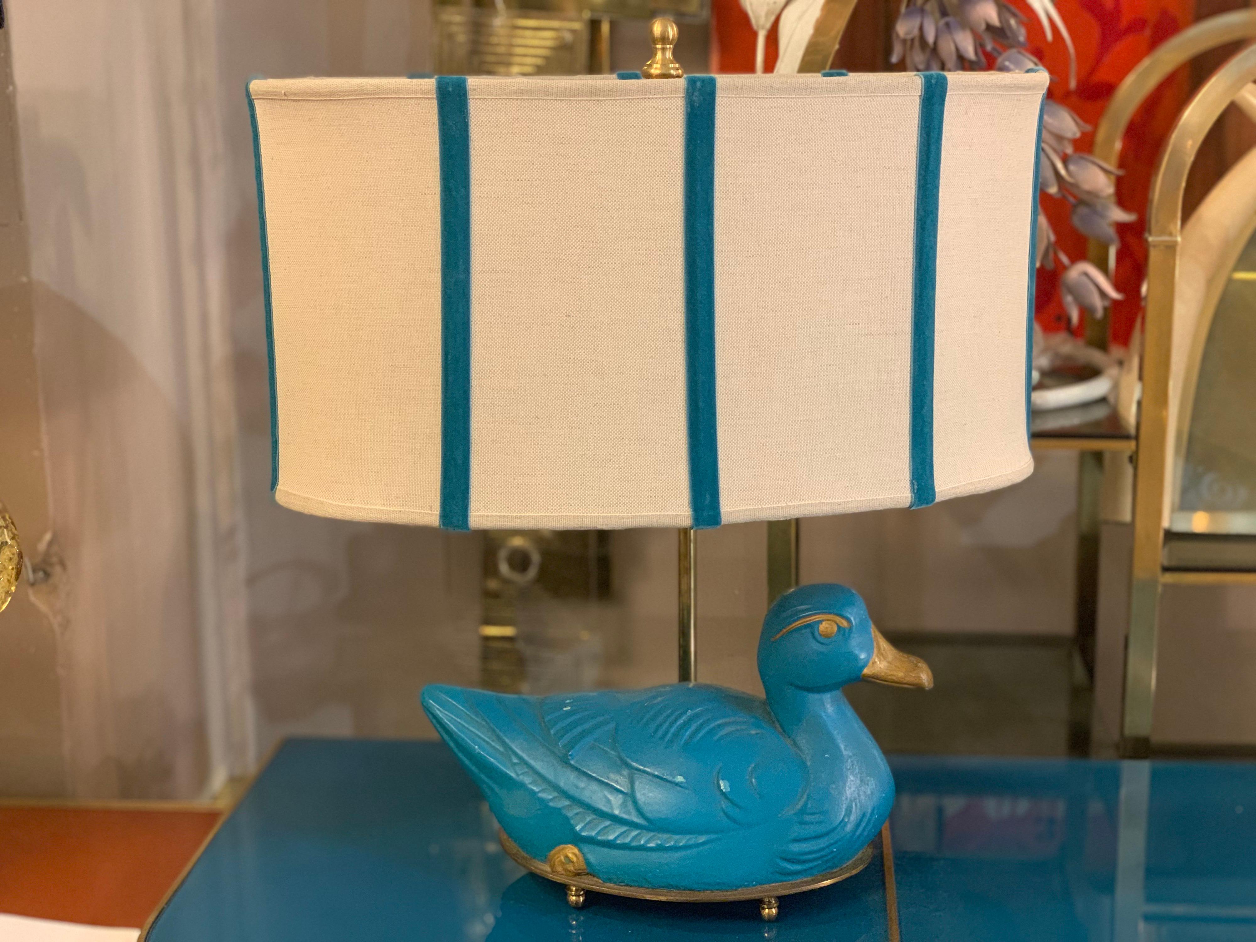 Mid-20th Century Pair of Turquoise Bronze Table Lamps in the Shape of a Duck with Our Lampshades