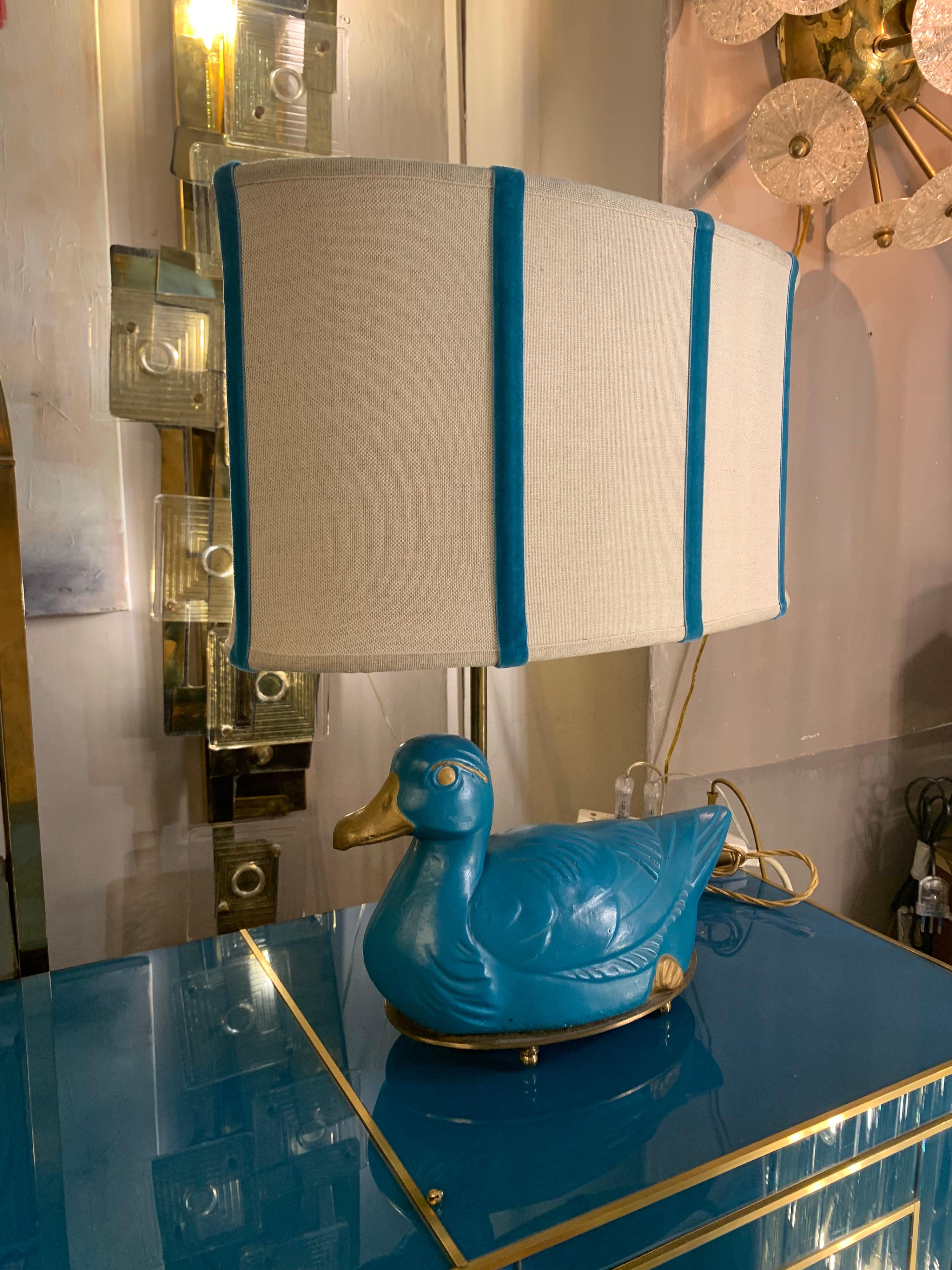 Pair of Turquoise Bronze Table Lamps in the Shape of a Duck with Our Lampshades 1