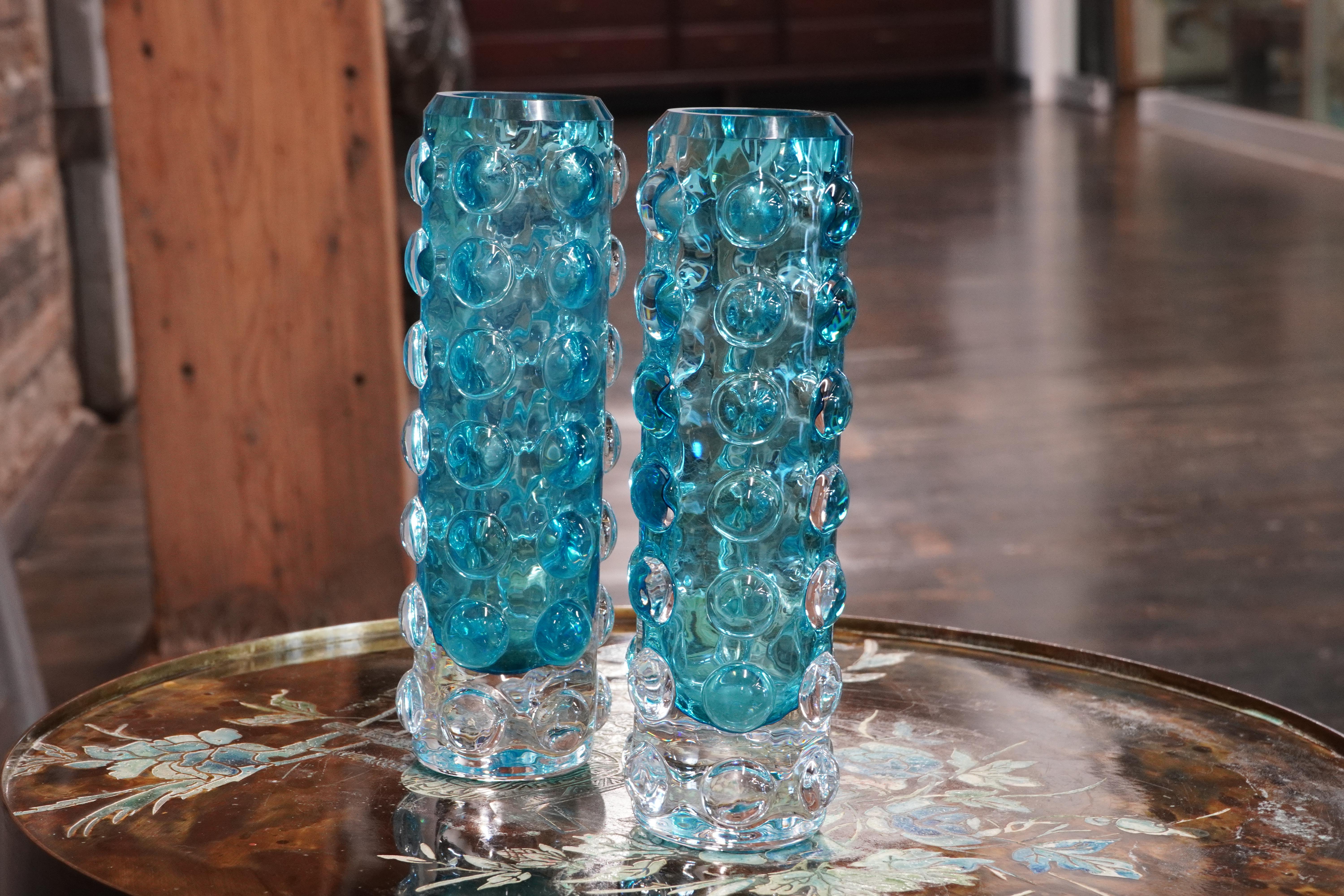 Swedish Pair of Turquoise Bubble Glass Vases Attributed to Skruf of Sweden For Sale