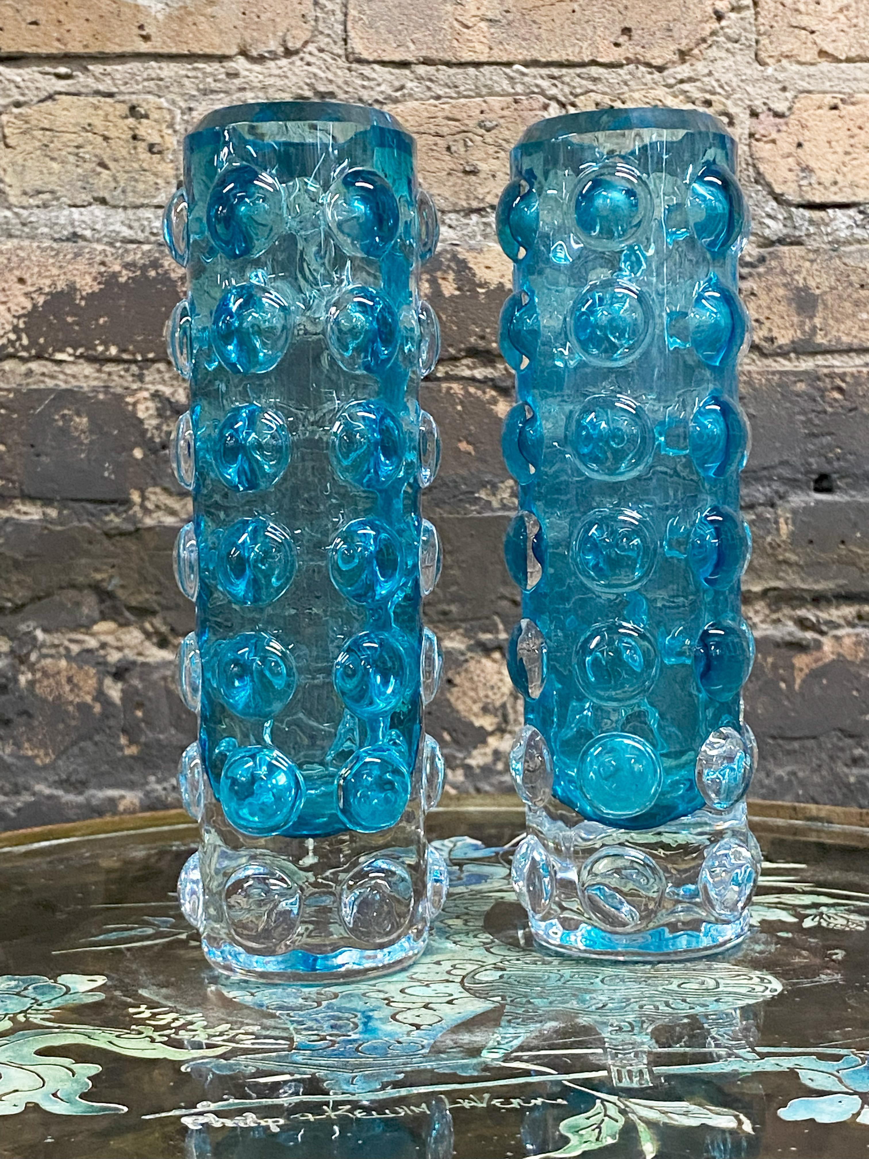 Pair of Turquoise Bubble Glass Vases Attributed to Skruf of Sweden In Good Condition For Sale In Chicago, IL