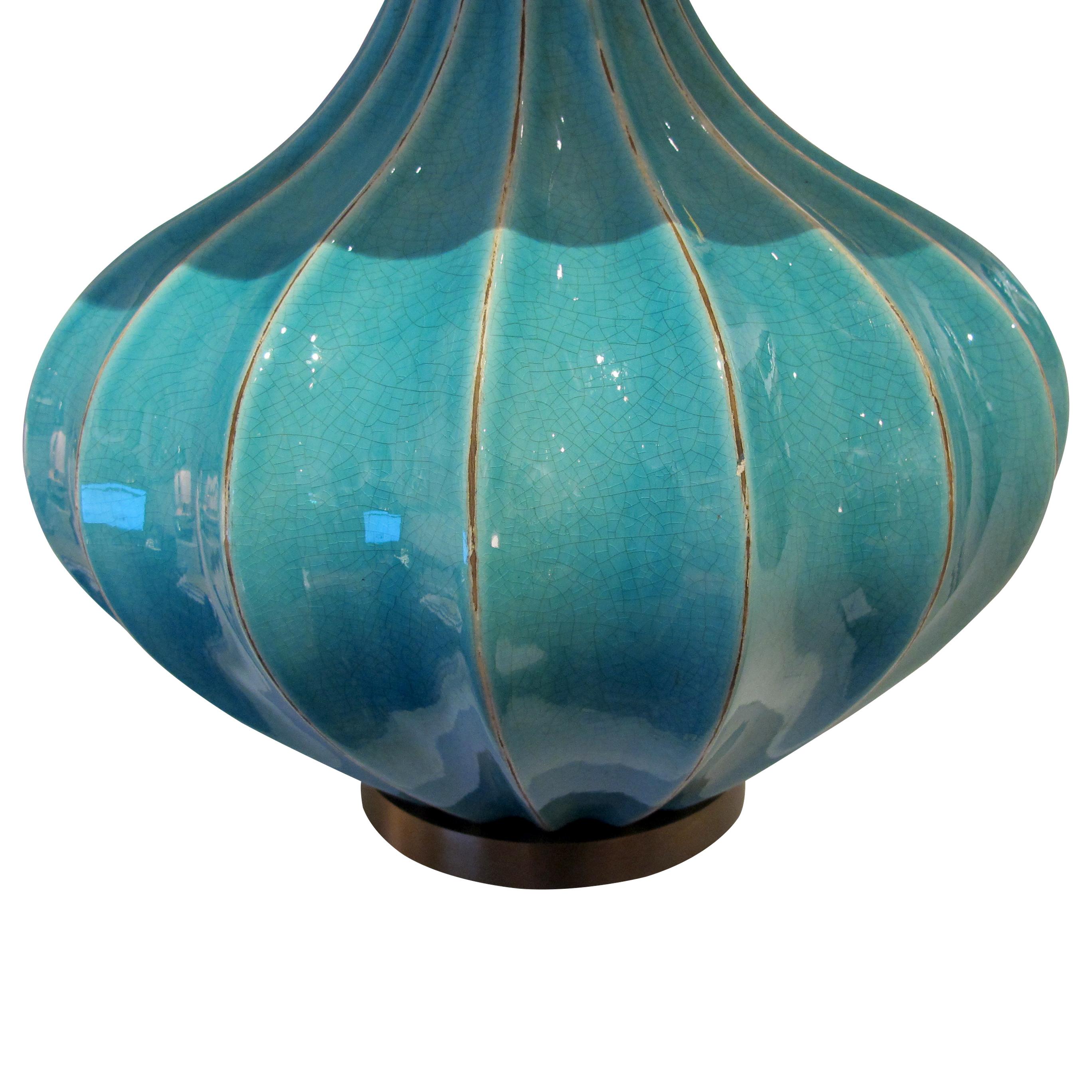 Paire de lampes de table en céramique turquoise à glaçure craquelée, circa 1980, anglais en vente 2