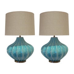 Pair of Turquoise Ceramic Crackled Glaze table lamps, circa 1980s, English