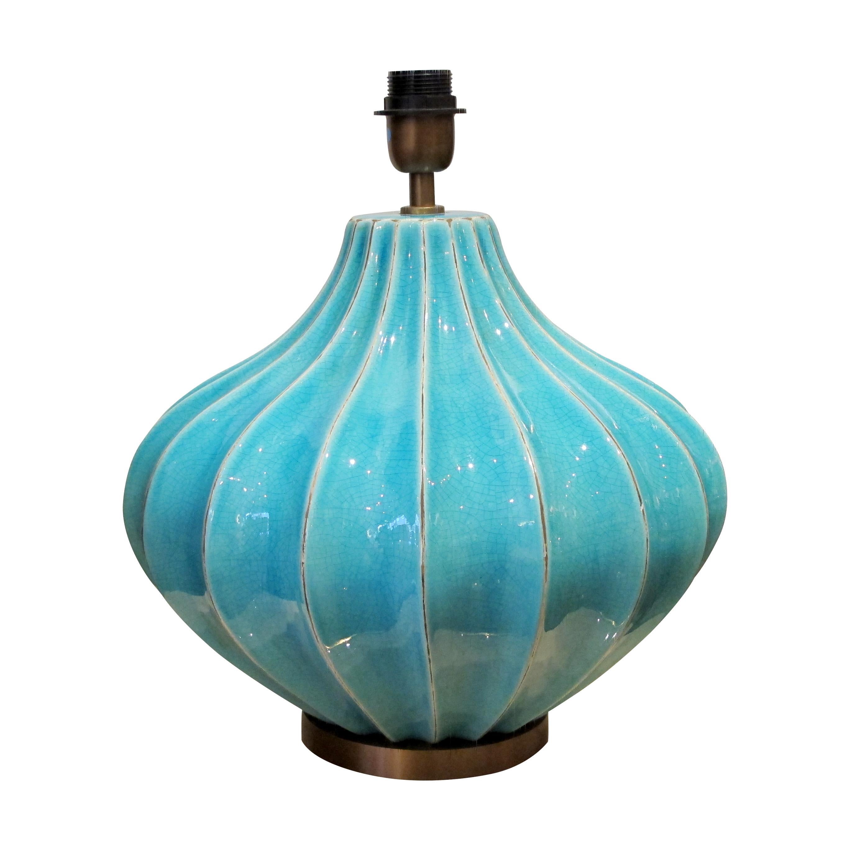 Vernissé Paire de lampes de table en céramique turquoise à glaçure craquelée, circa 1980, anglais en vente