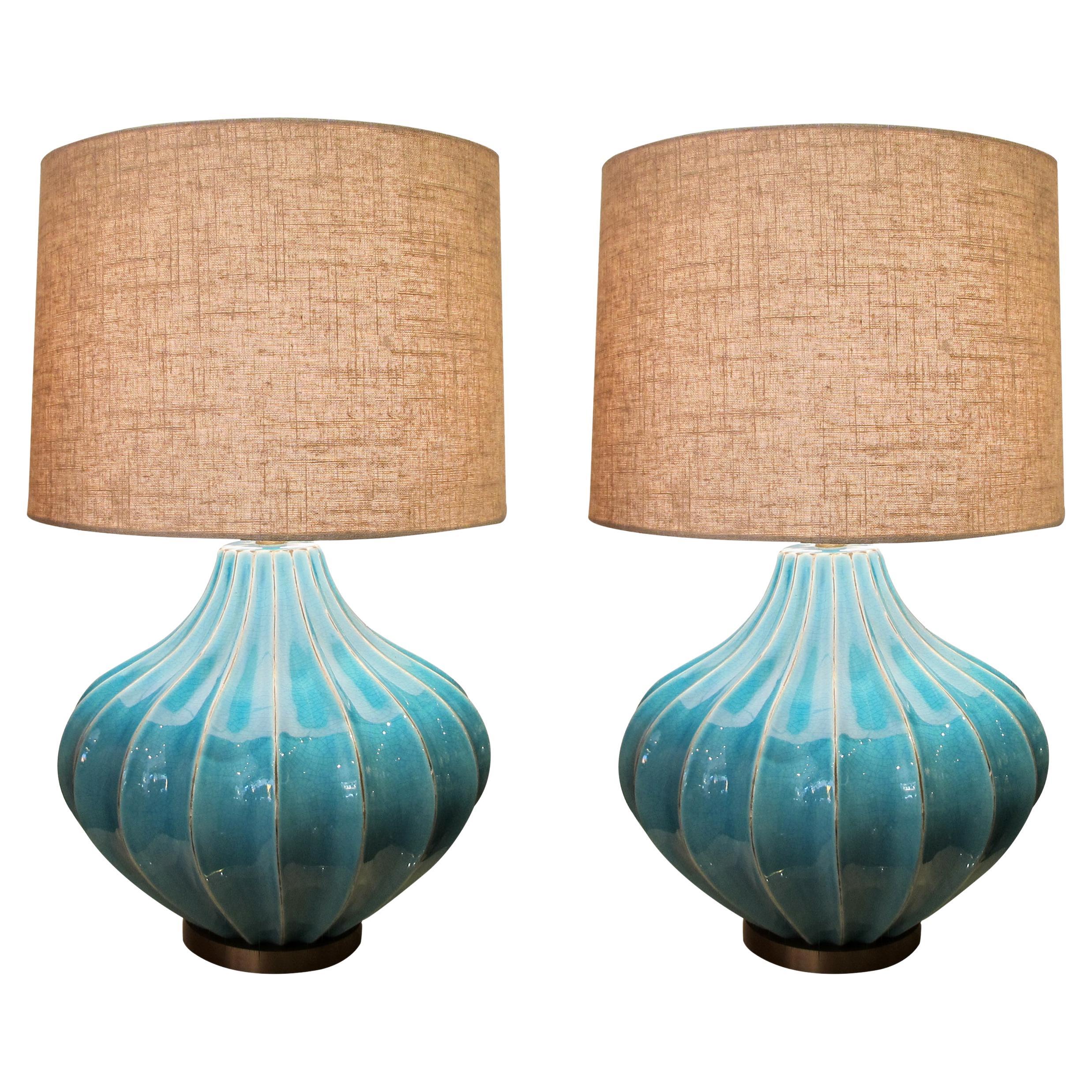 Pair of Turquoise Ceramic Crackled Glaze table lamps, circa 1980s, English